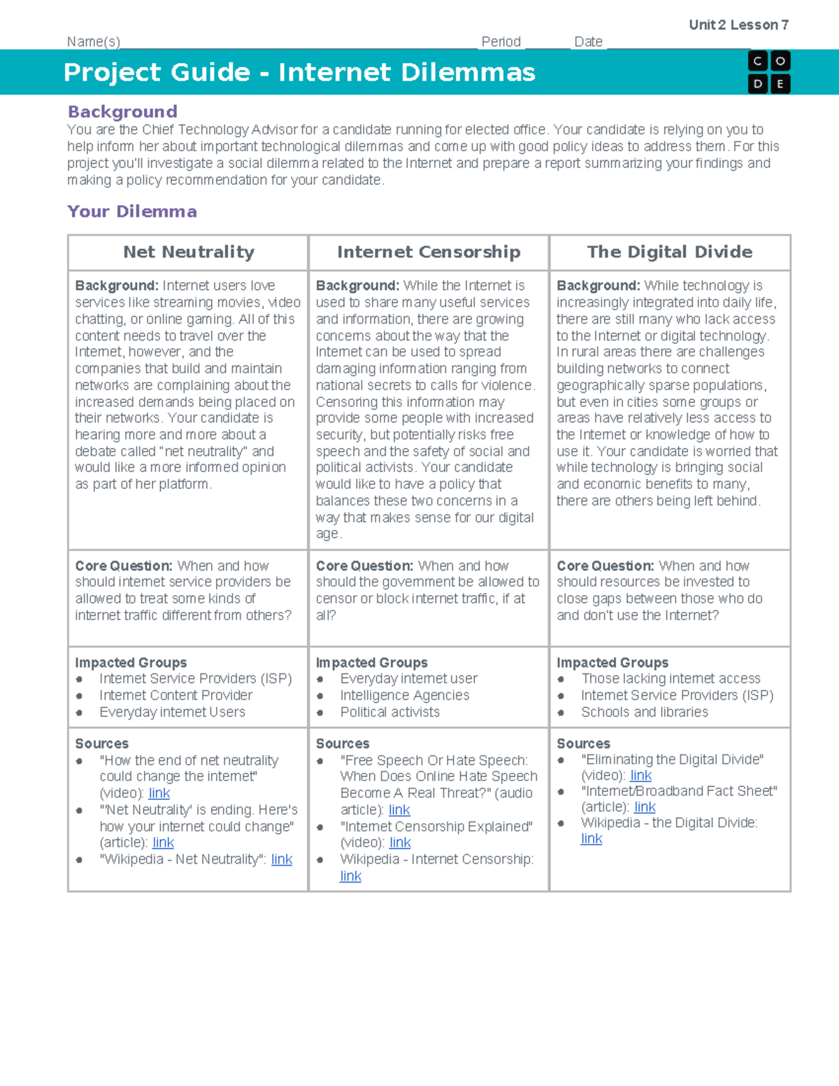 Project Guide - Internet Dilemmas - Unit 2 Lesson 7 - Studocu