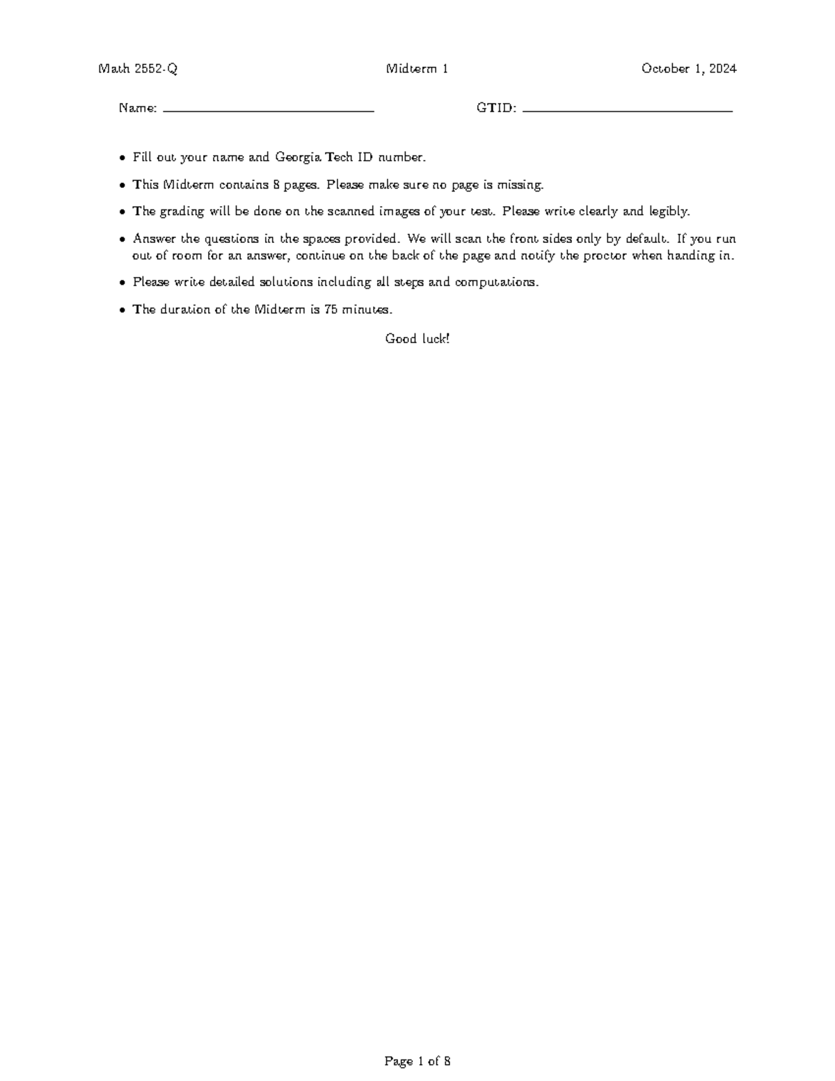 Math 2552 Midterm 1 Solutions - Fall 2024 - Studocu
