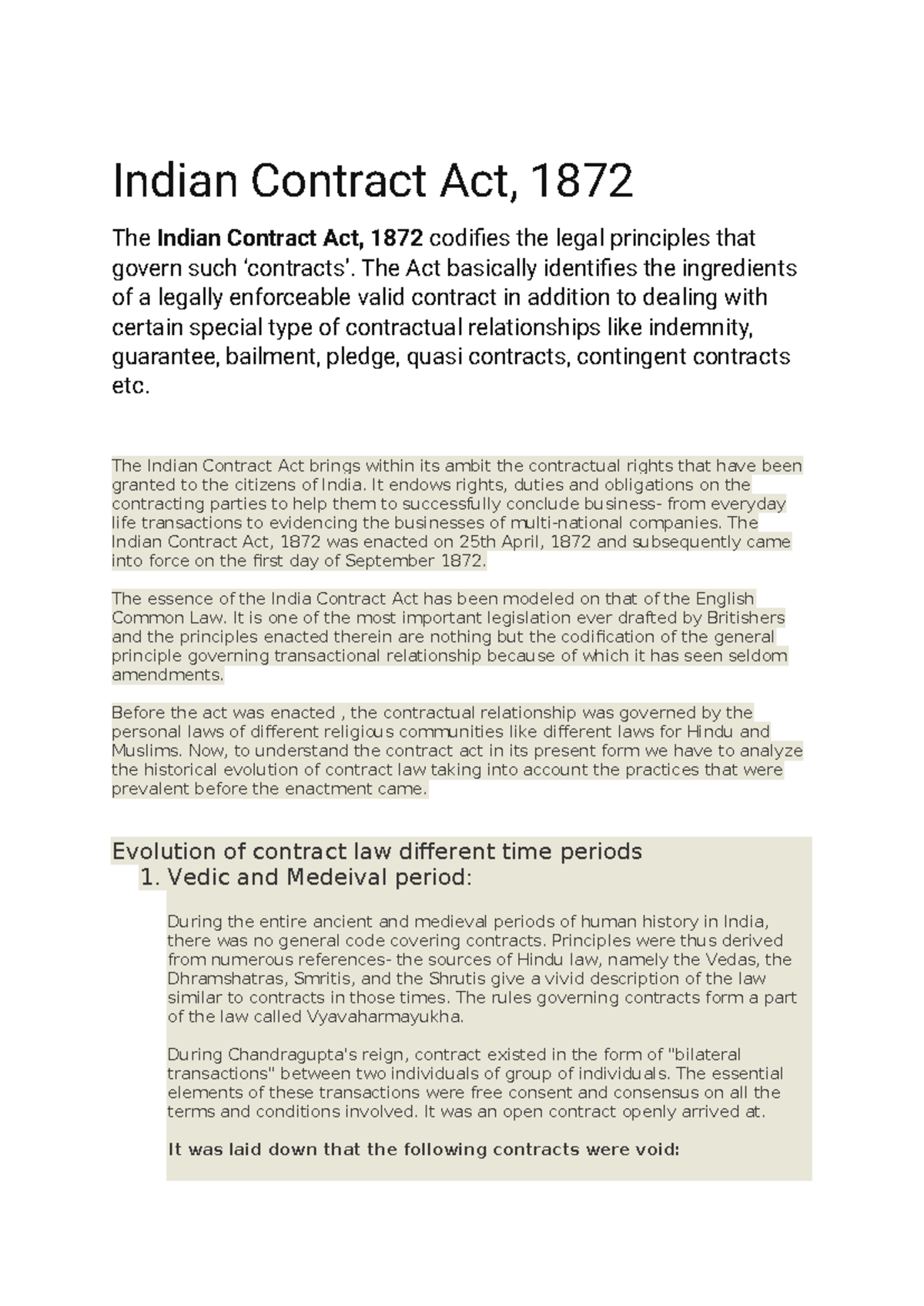 Indian Contract Act, 1872: Historical Evolution and Principles - Studocu