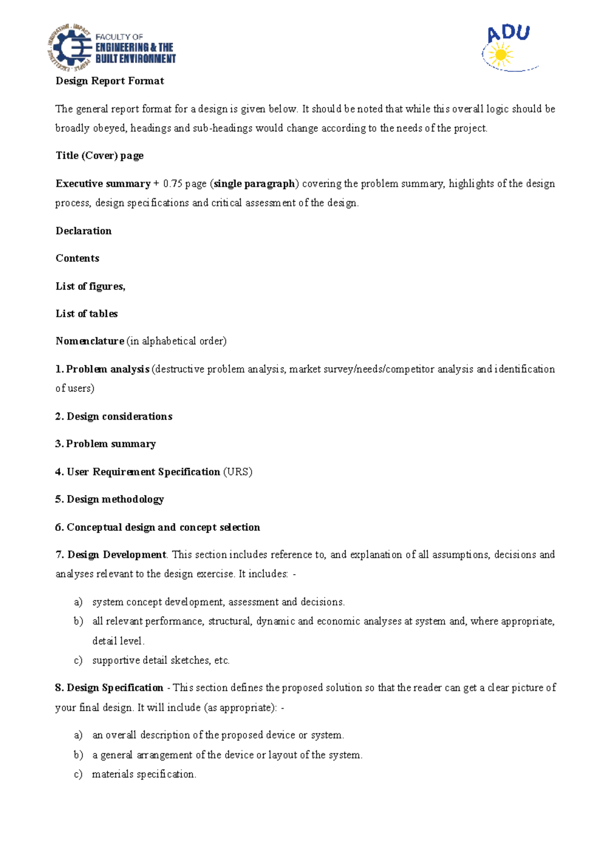 Design Report Format - Guidelines for 2025 Projects - Studocu