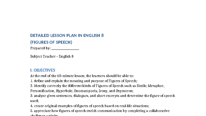Longer Detailed Lesson Plan Figures of Speech Grade 8 - DETAILED LESSON ...