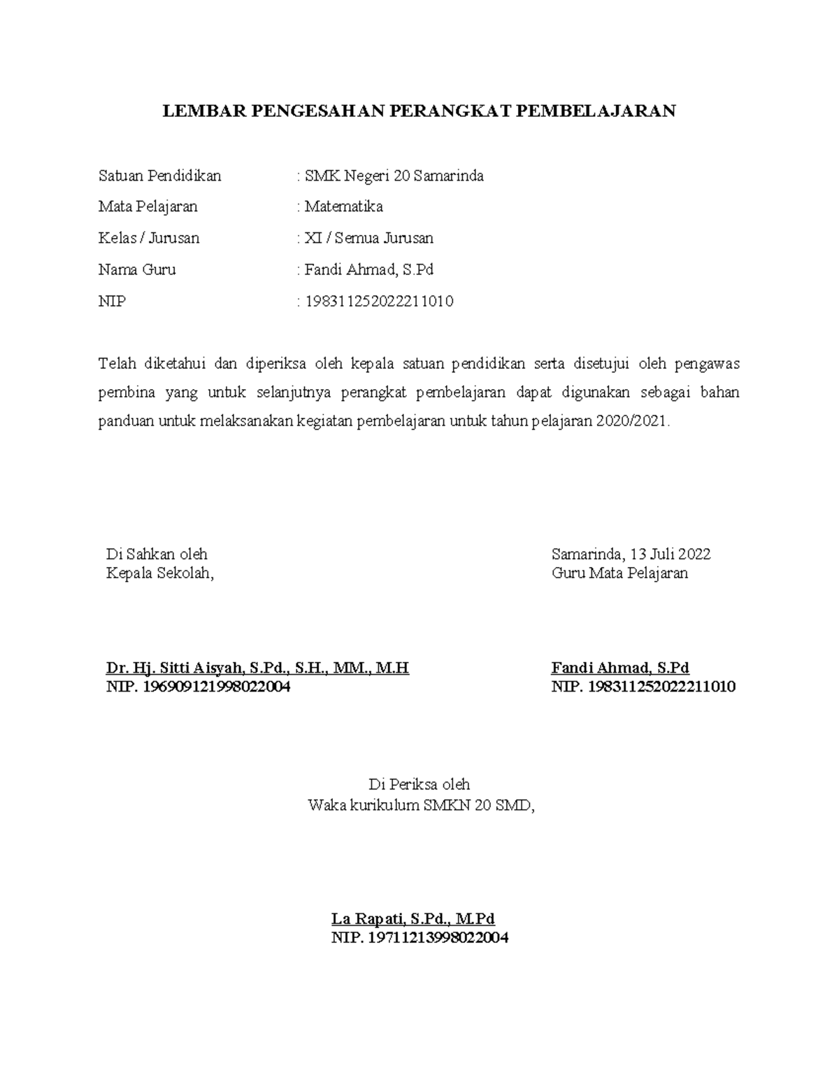 Lembar Pengesahan Perangkat Pembelajaran - LEMBAR PENGESAHAN PERANGKAT ...