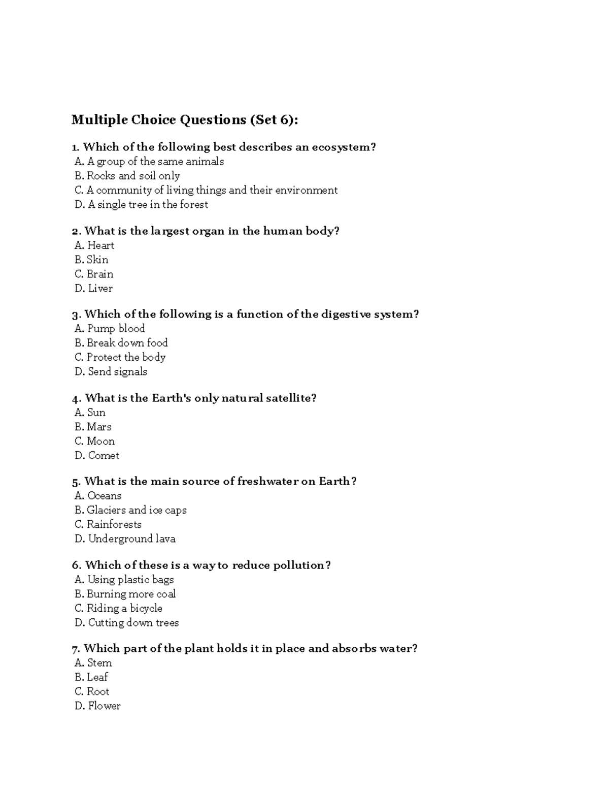 Q6 - Multiple Choice Questions on Biology Concepts and Functions - Studocu