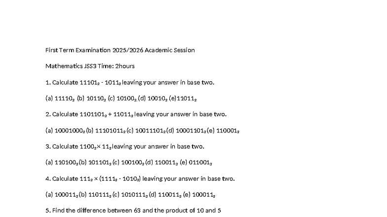 JSS3 Mathematics First Term Exam Questions and Solutions - Studocu