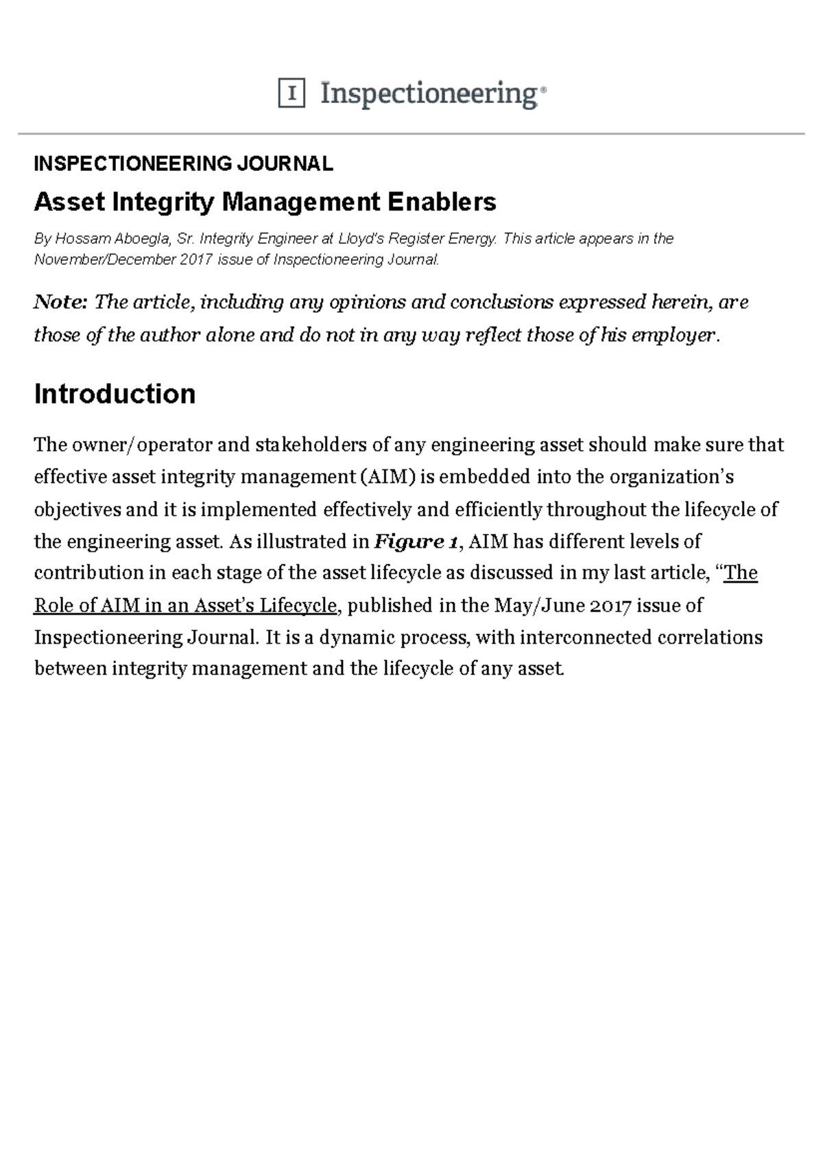 Asset Integrity Management Enablers - Insights from Inspectioneering ...