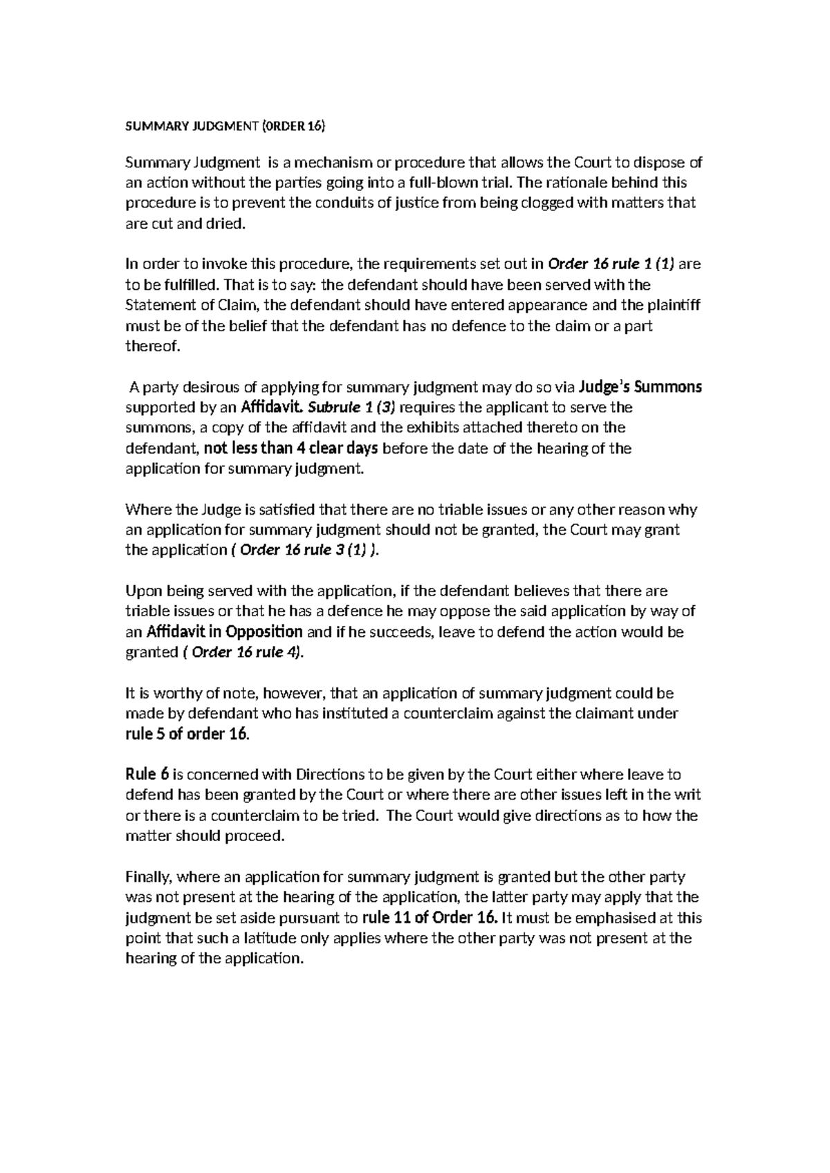 SUMMARY JUDGMENT (ORDER 16) - Key Points Explained - Studocu