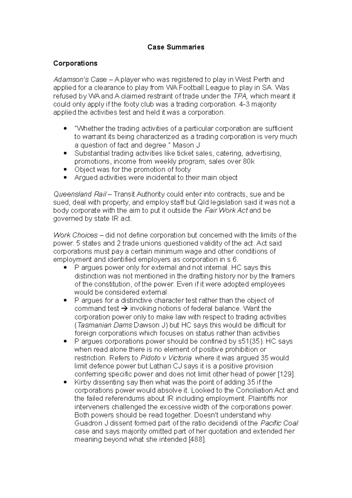 Case Summaries Con Law - Case Summaries Corporations Adamson’s Case – A ...