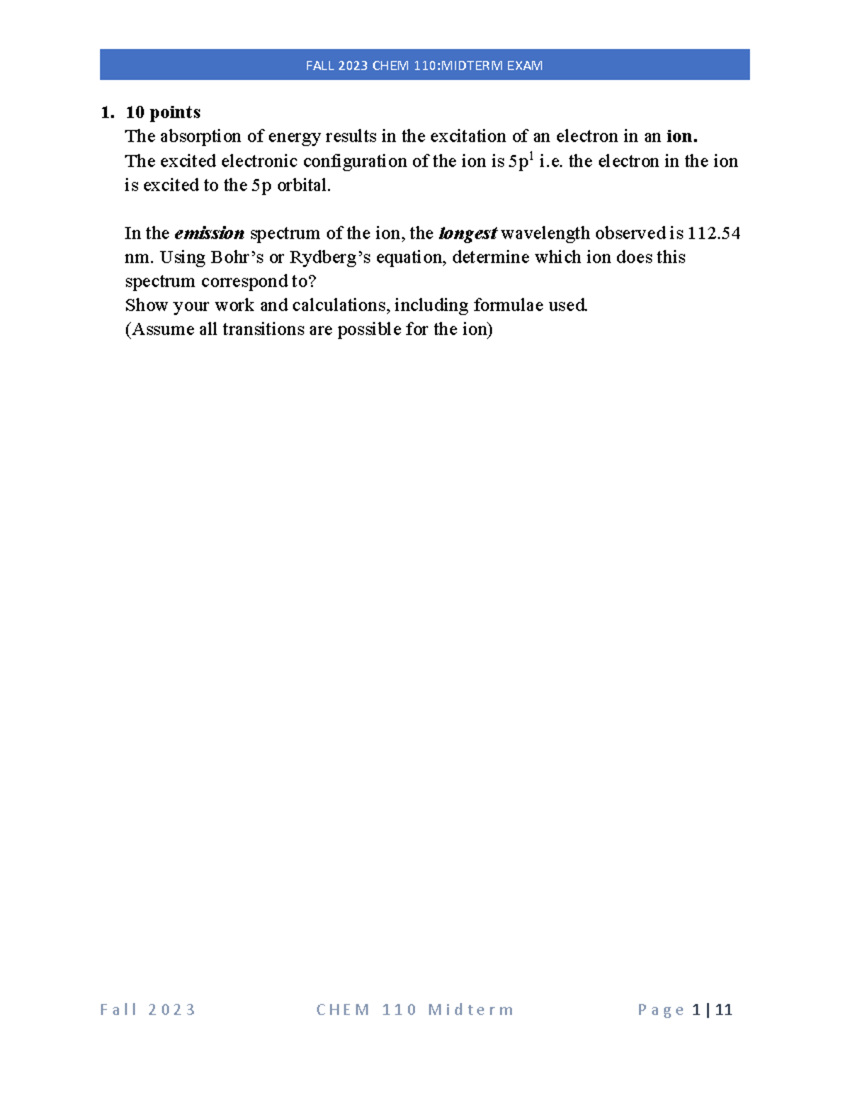 FALL 2023 CHEM 110: MIDTERM EXAM 1 PRACTICE QUESTIONS - Studocu