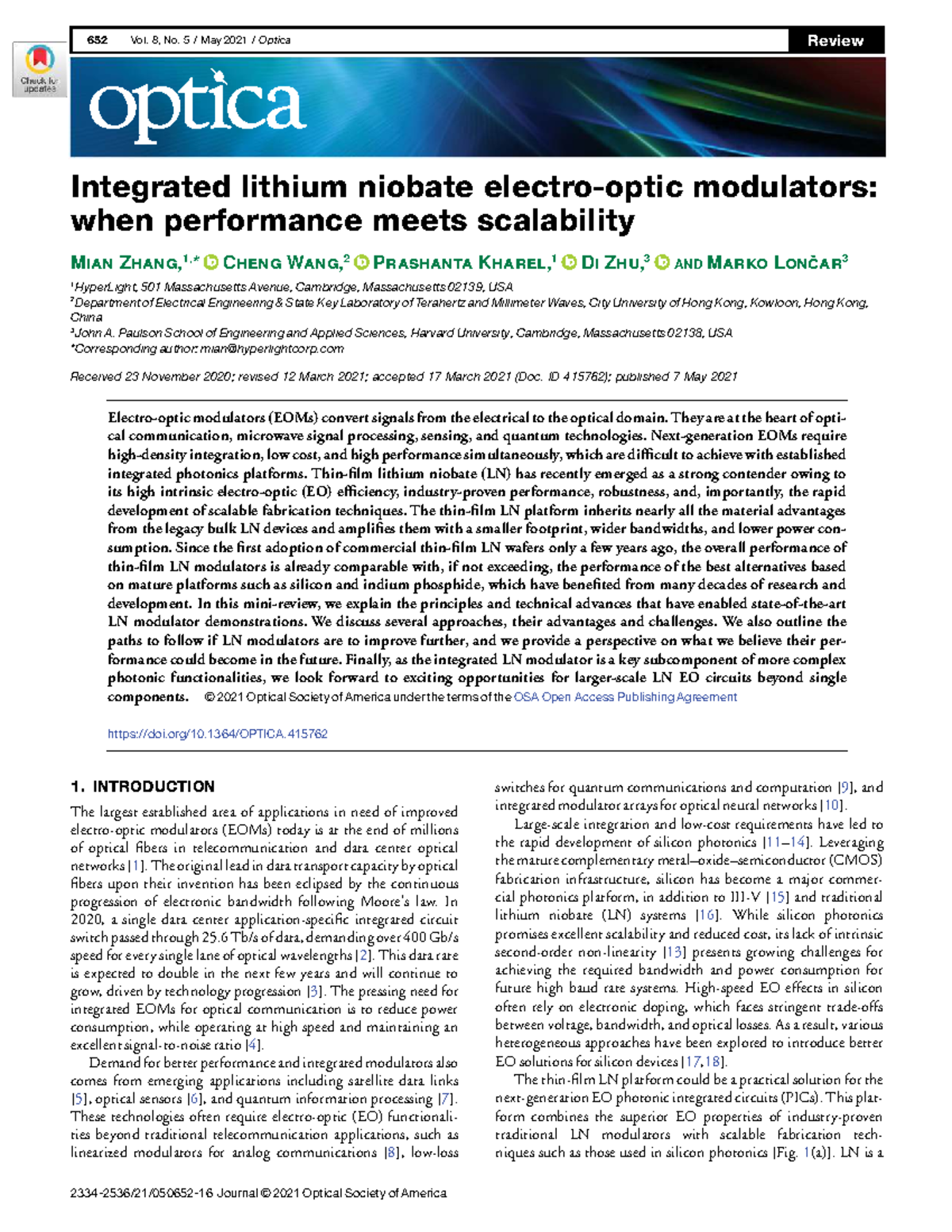 Integrated Lithium Niobate Electro-Optic Modulators: Performance ...