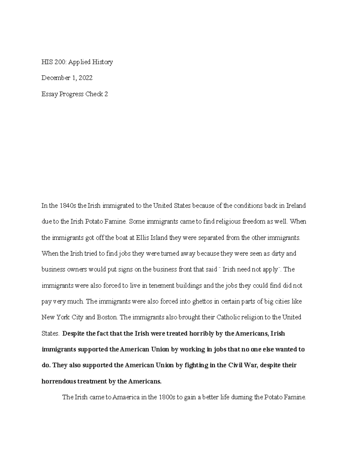 Essay Progress Check 2 - HIS 200: Applied History December 1, 2022 ...
