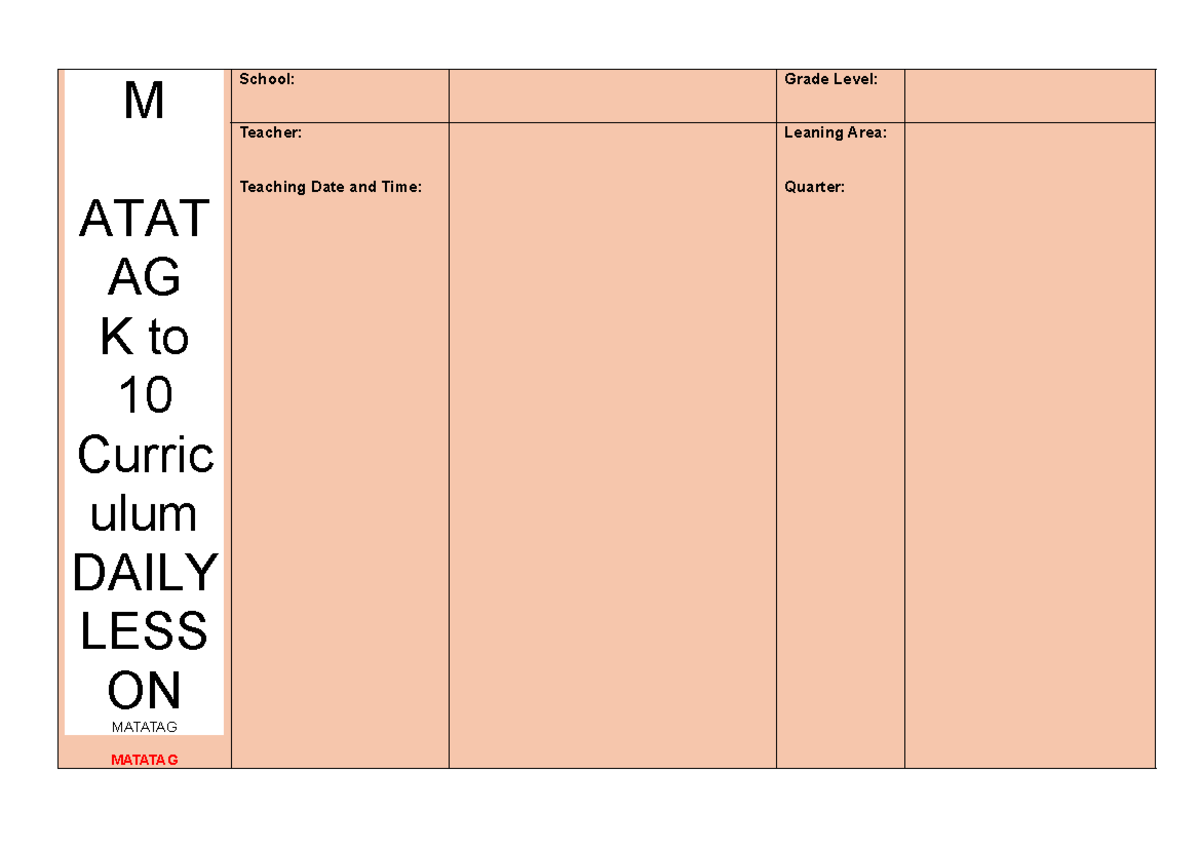 K to 10 Curriculum Daily Lesson Log (MATATAG) - Studocu