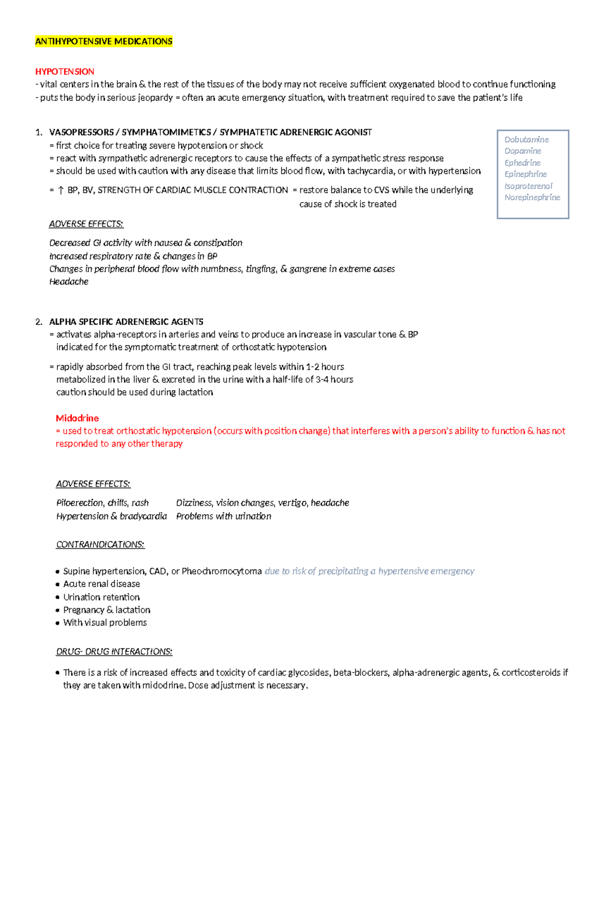 Antihypotensive & Cardiotonic Medications - ANTIHYPOTENSIVE MEDICATIONS ...