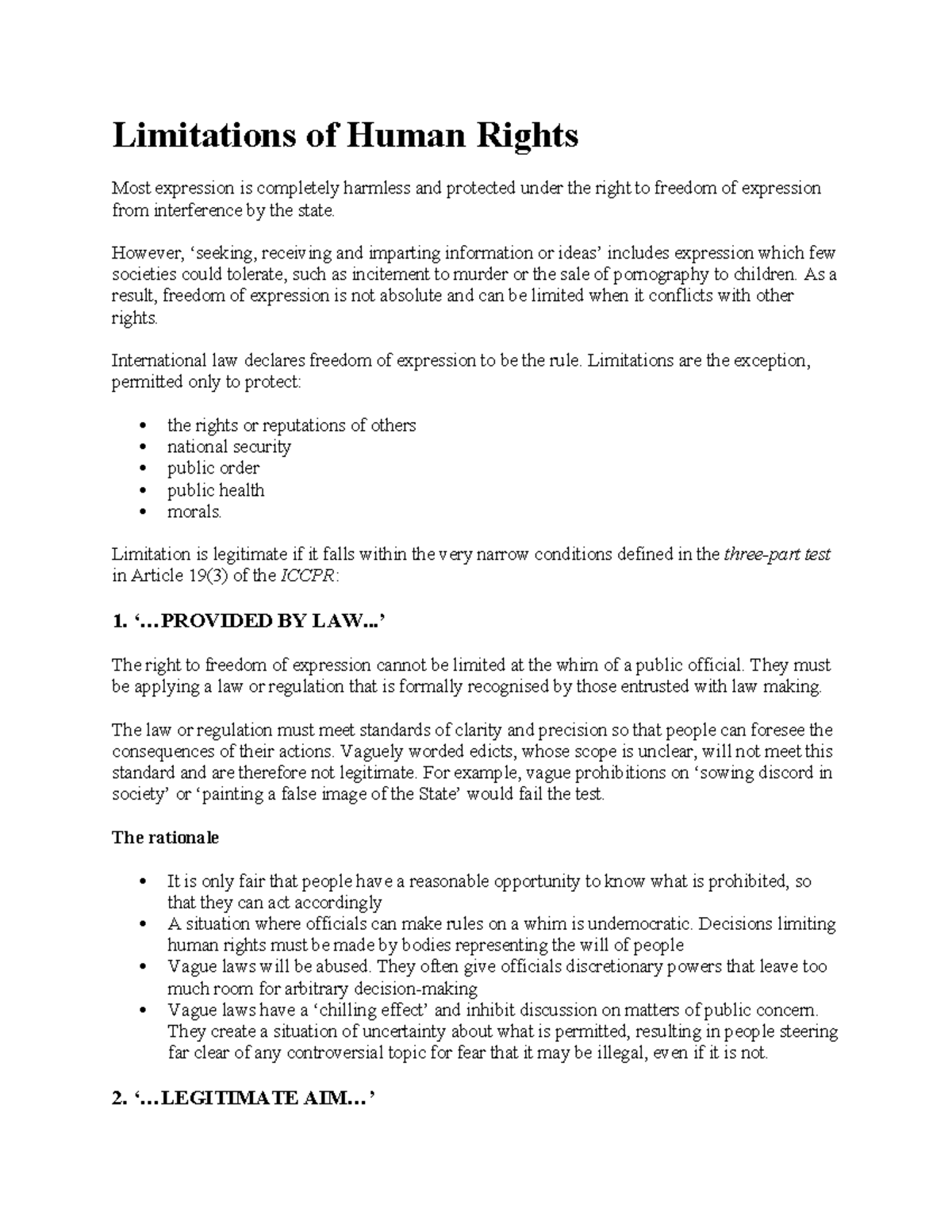 Limitations of Human Rights: Understanding Article 19(3) of ICCPR - Studocu