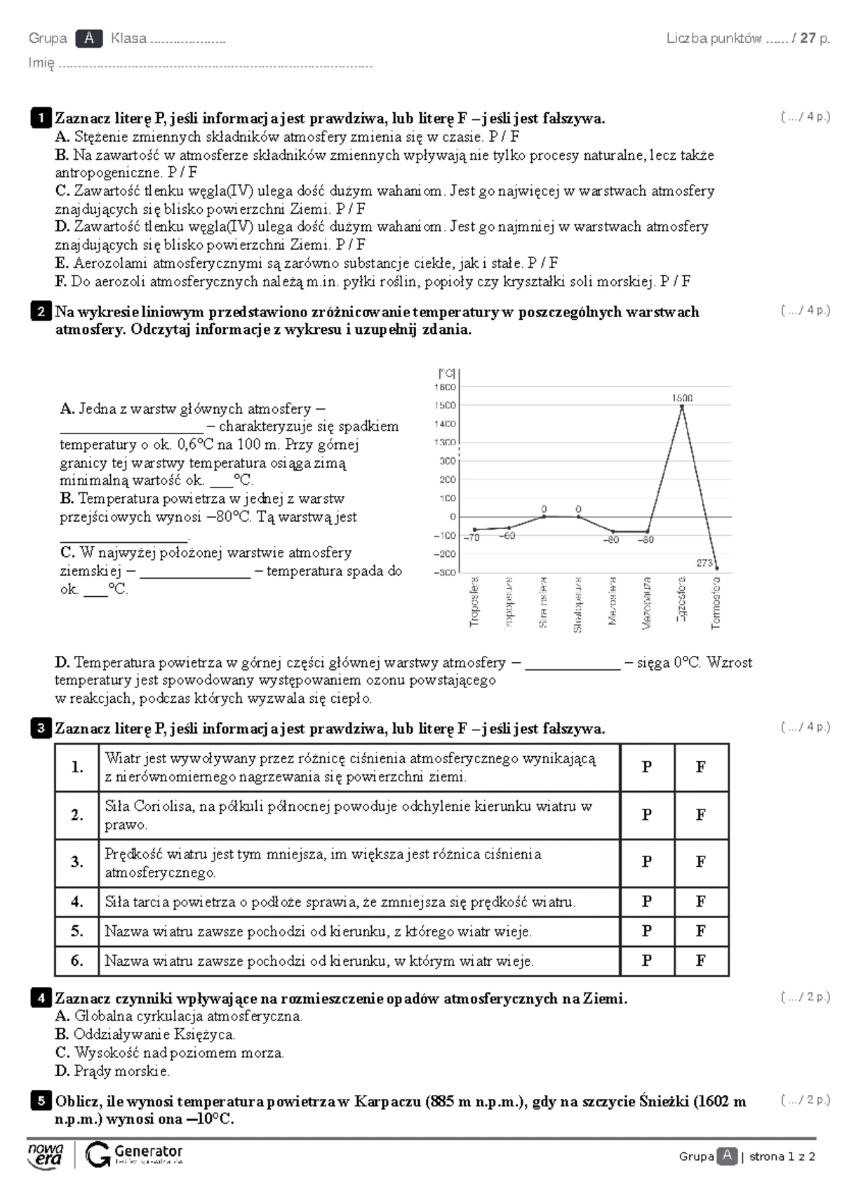 Sprawdzian Z Geografii Atmosfera Grupa A