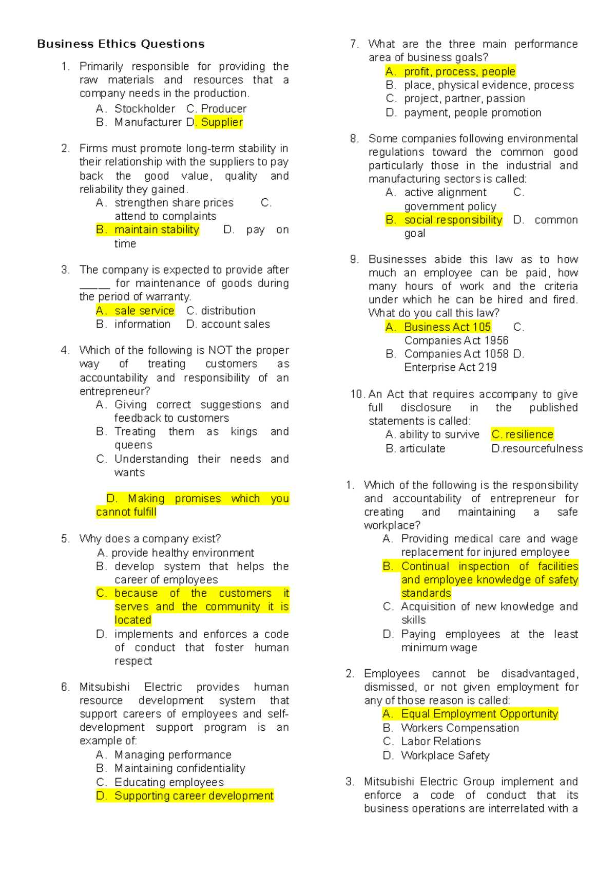 Business Ethics MCQs for Course BUS 101: Final Exam Preparation - Studocu
