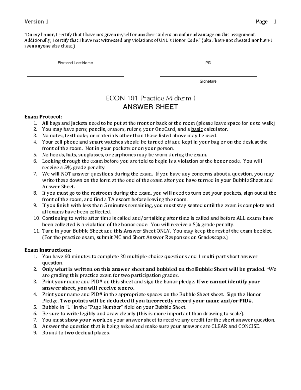 ECON 101 Practice Midterm I Answer Sheet and Exam Protocol - Studocu