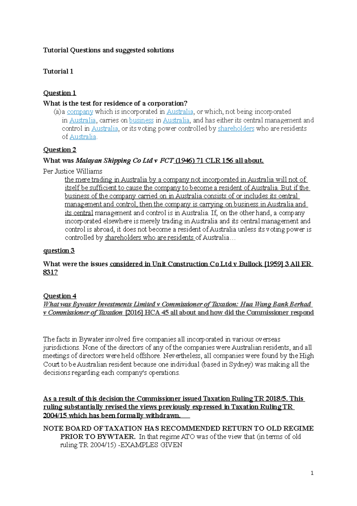 Tutorial Questions and Suggested Solutions for TUT 1 & 2 - Studocu