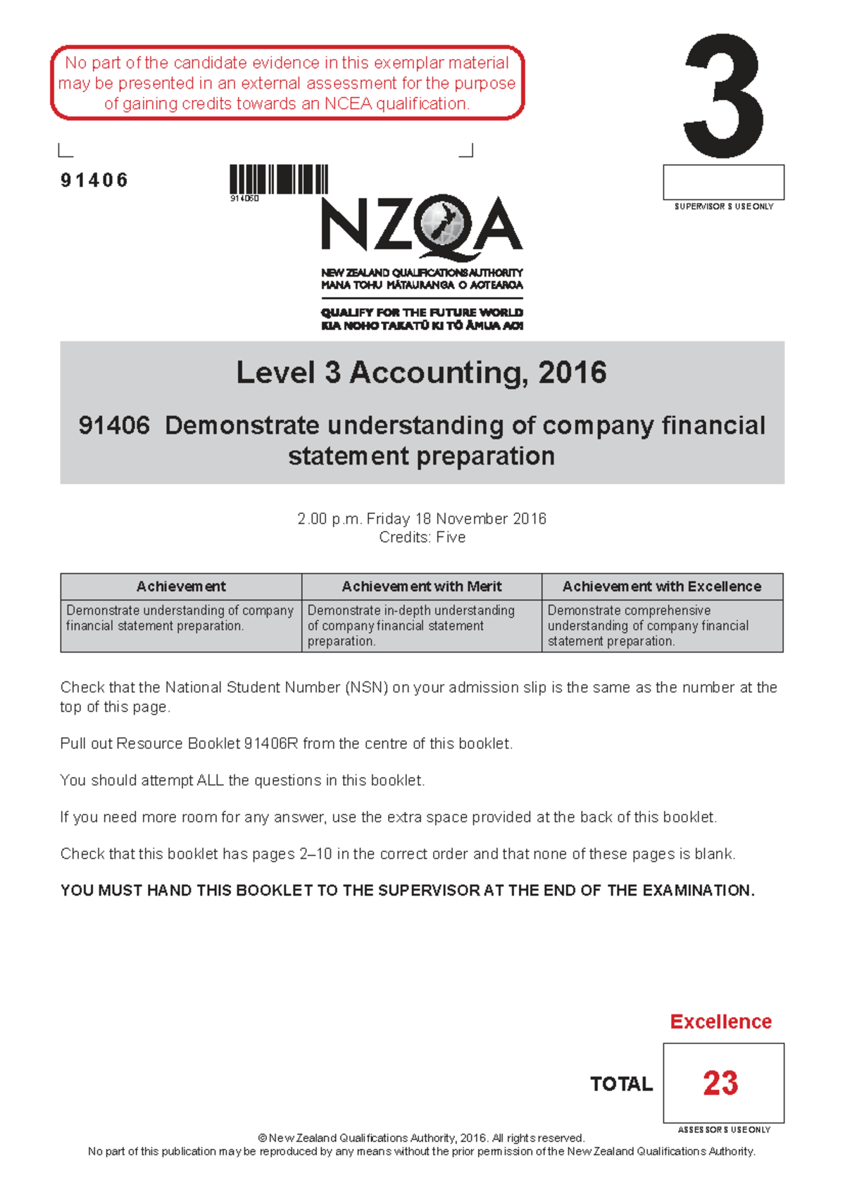Level 3 Accounting 91406 Excellence Exemplar for Financial Statements ...