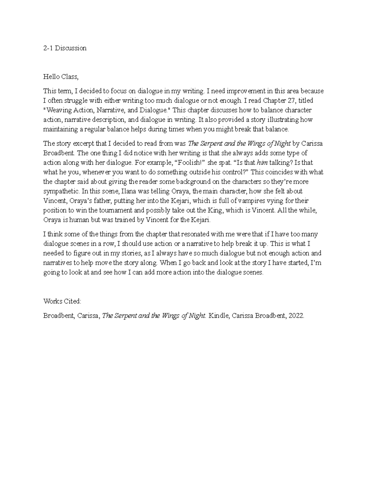 2-1 Discussion: Balancing Dialogue and Action in Writing - Studocu