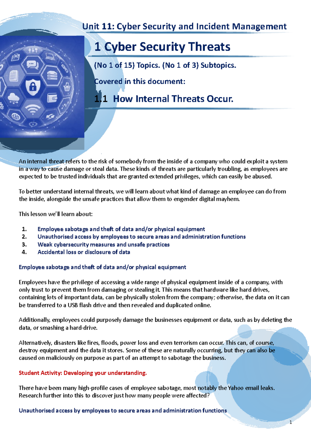 Unit 11: Internal Threats in Cyber Security - Lesson 1.1 Overview - Studocu