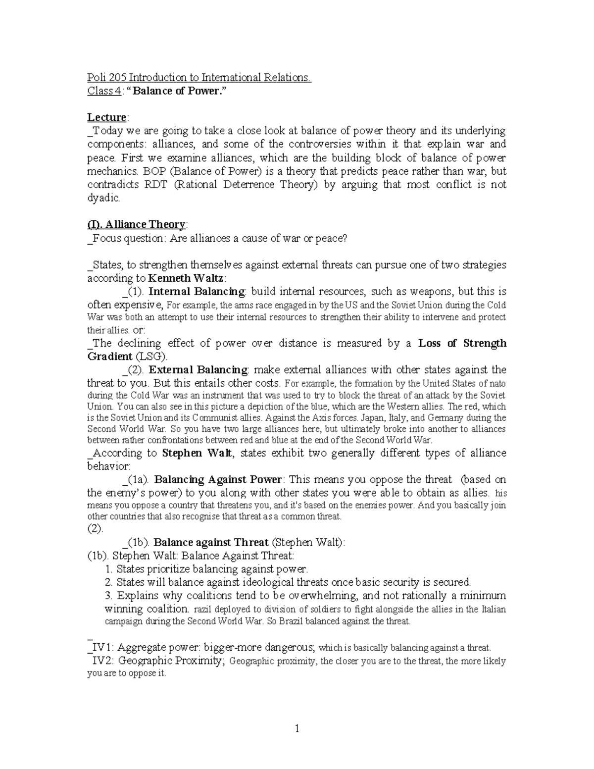 Poli 205 Lecture Notes: Class 4 - Balance of Power Theory Analysis ...