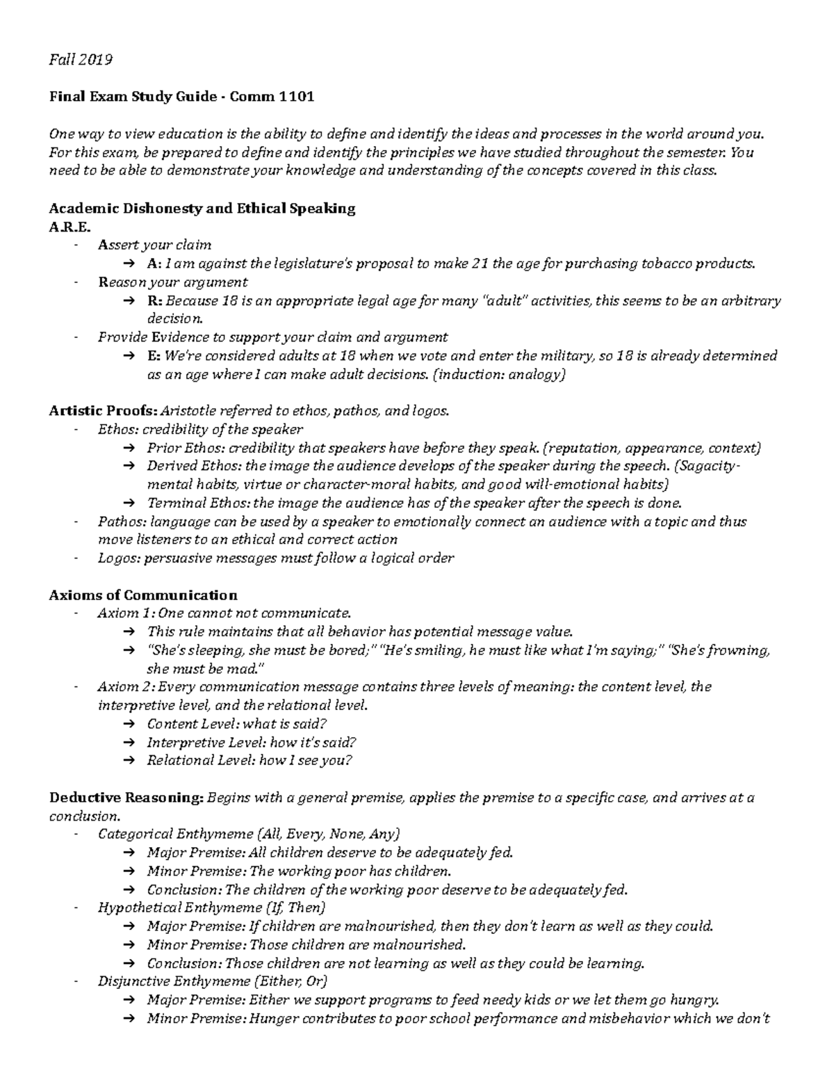 COMM 1101 Final Exam Study Guide - Fall 2019 Overview and Concepts ...