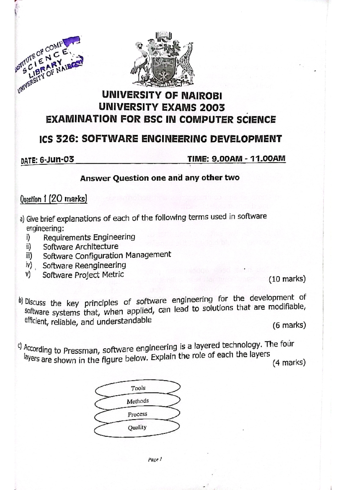 ICS 326: Software Engineering Development Final Exam 2003 - Studocu