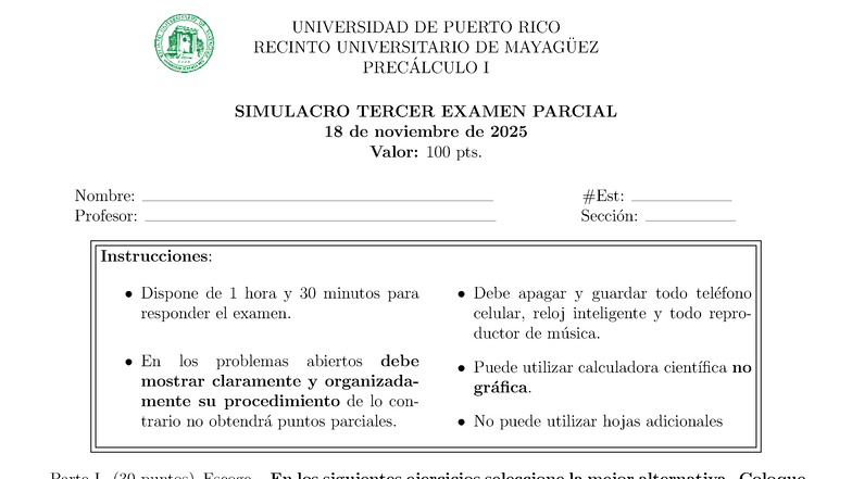 Simulacro Preca 1 Ex3 F - sii - UNIVERSIDAD DE PUERTO RICO RECINTO ...