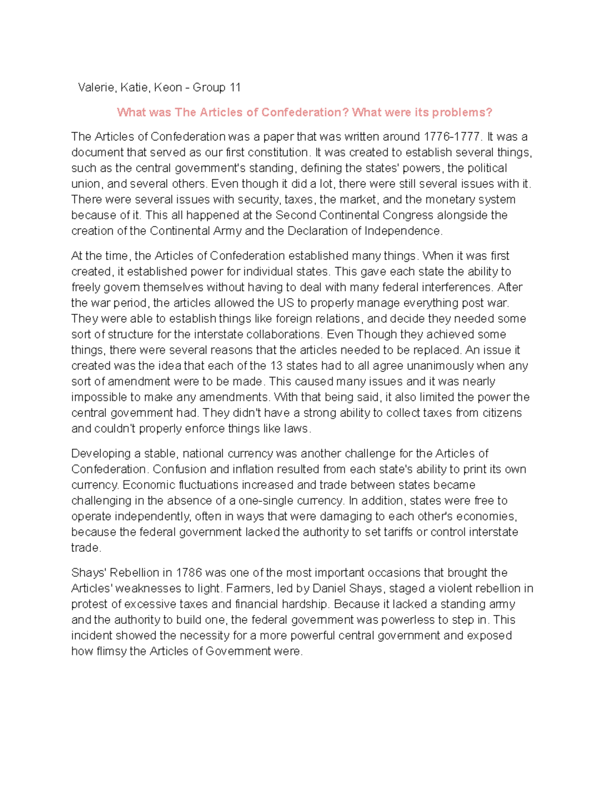 Group essay #2: Analyzing the Articles of Confederation and its issues ...
