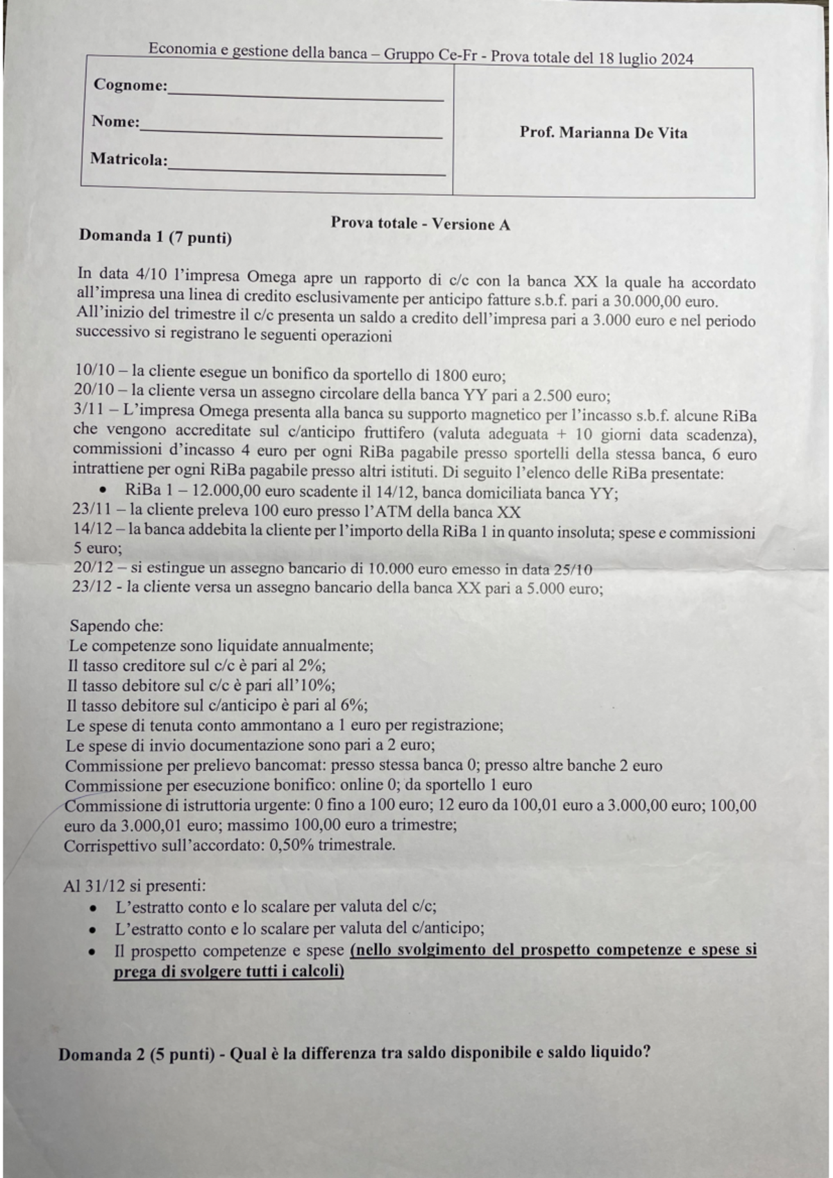 Possibili Domande Operazioni Bancarie (Cap. 1) - Prof. Poli - Studocu