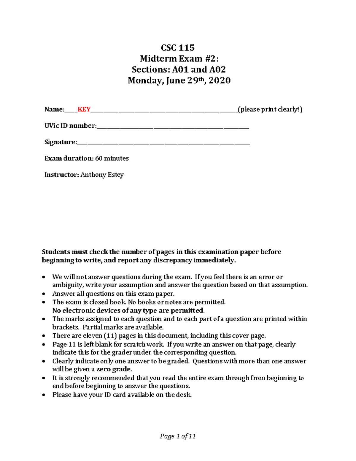 CSC 115 Midterm 2 Key - Exam Solutions and Answer Guide - Studocu