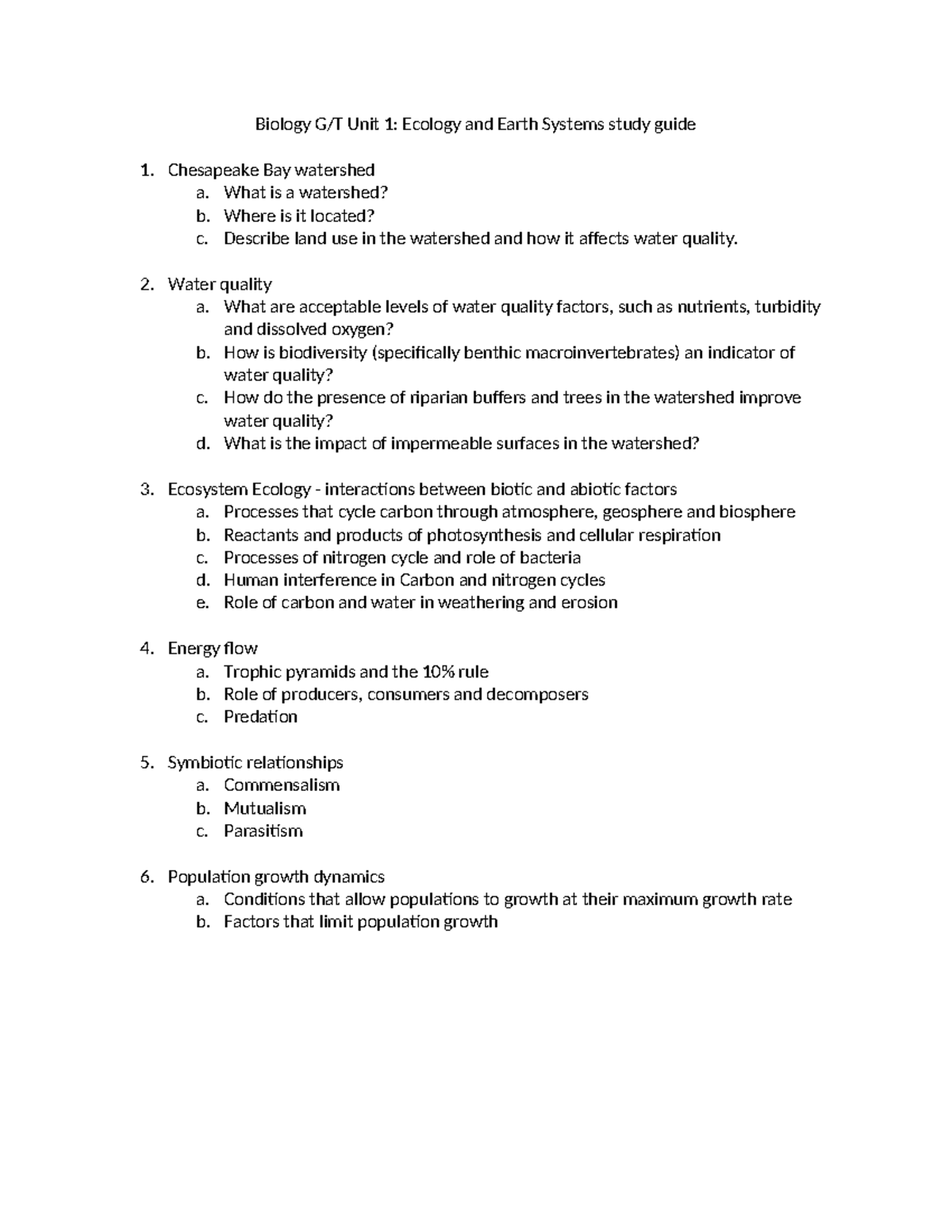 Bio GT Unit 1: Ecology & Earth Systems Study Guide 2024 - Studocu