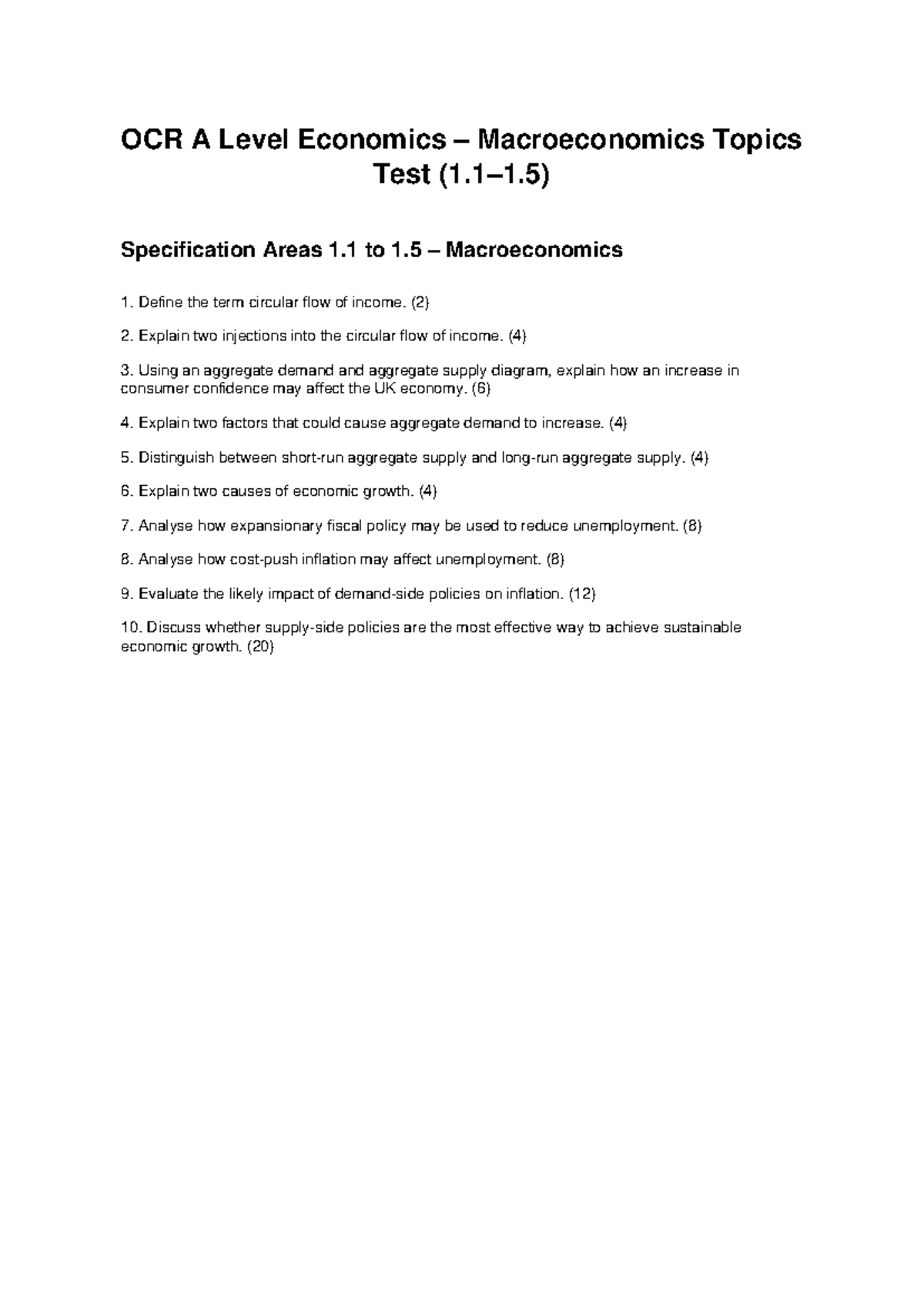 OCR A Level Economics Macroeconomics Topics Test 1 - Mark Scheme - Studocu