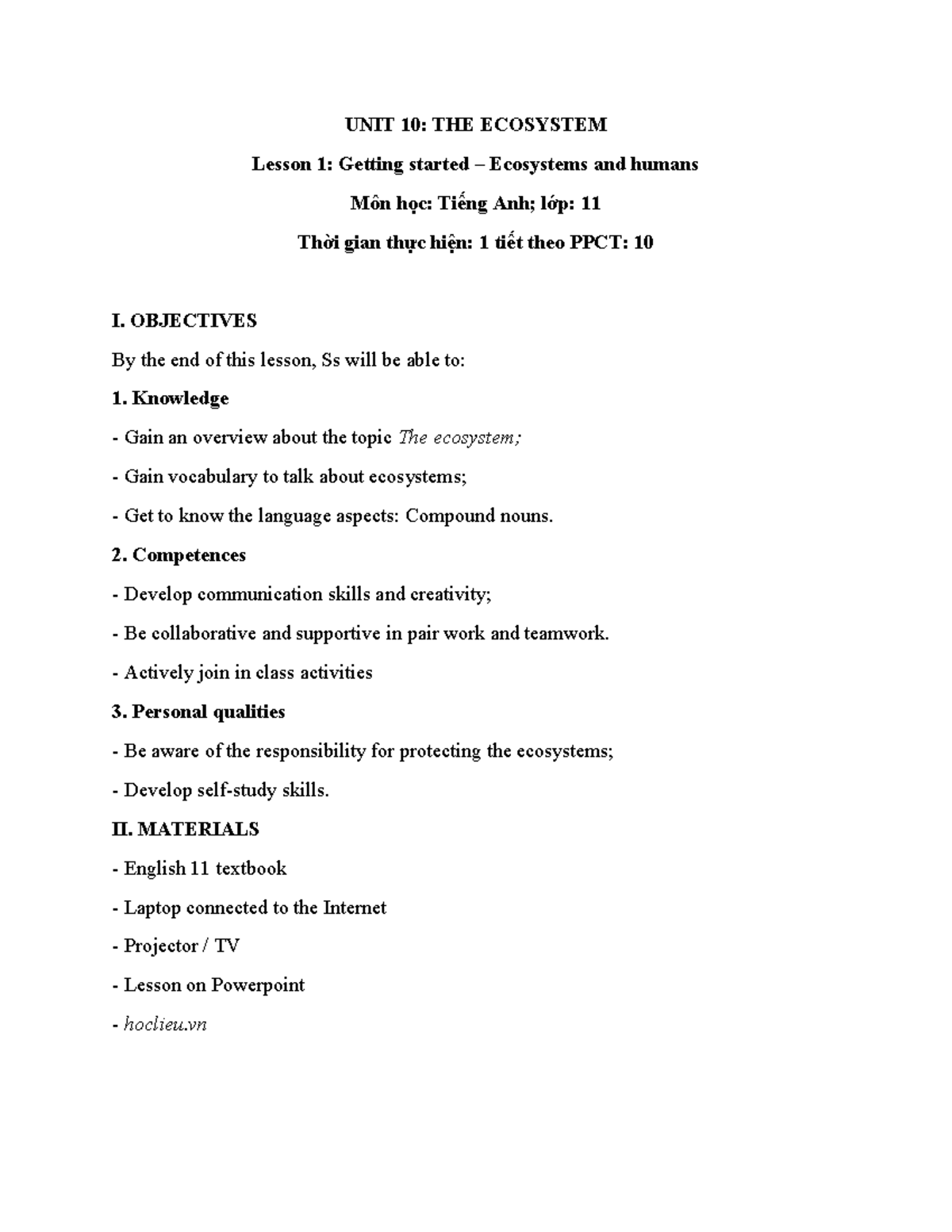 UNIT 10: ECOSYSTEMS - Grade 11 Lesson 1 Overview and Activities - Studocu