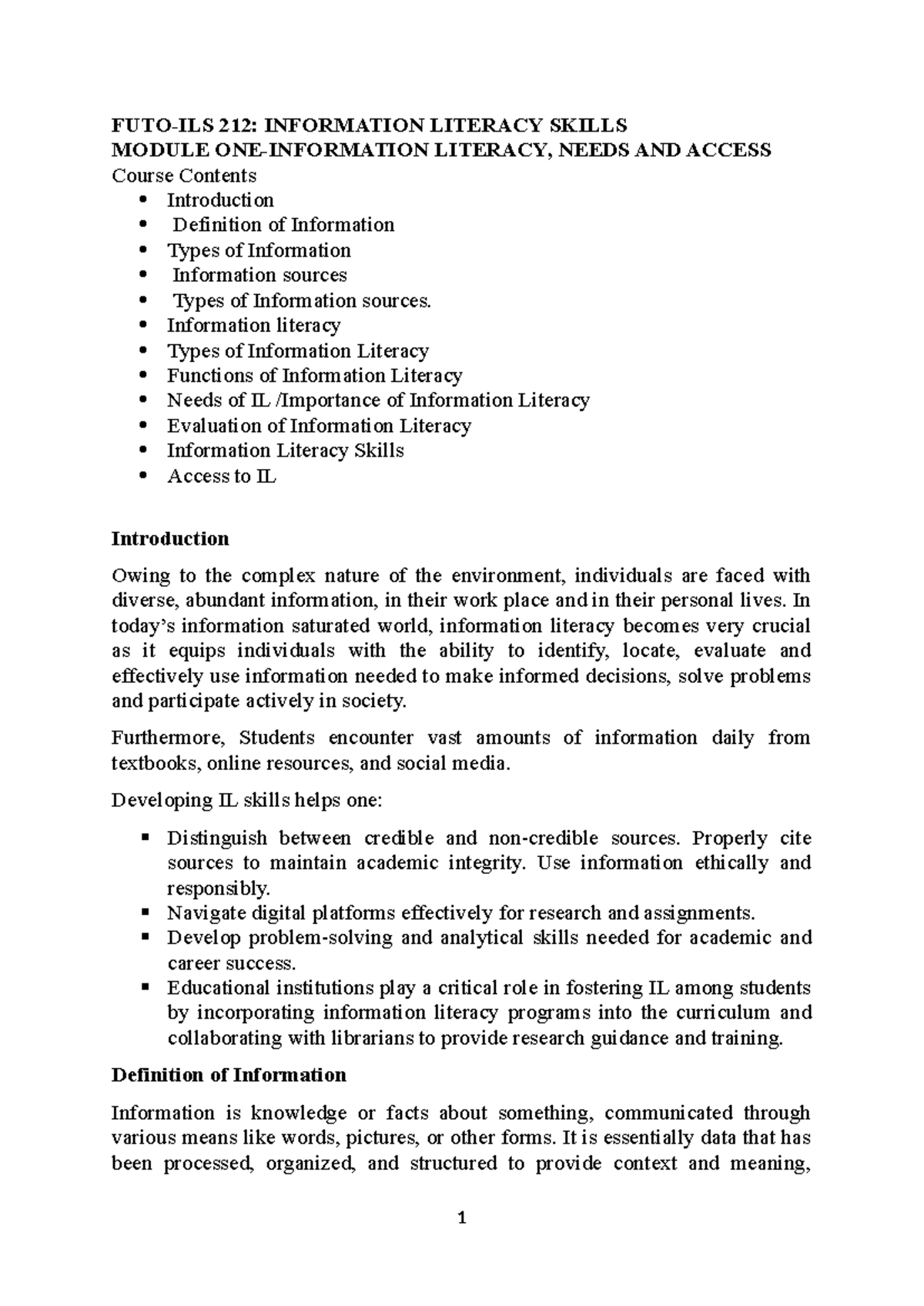 FUTO-ILS 212: Overview of Information Literacy Skills Module - Studocu