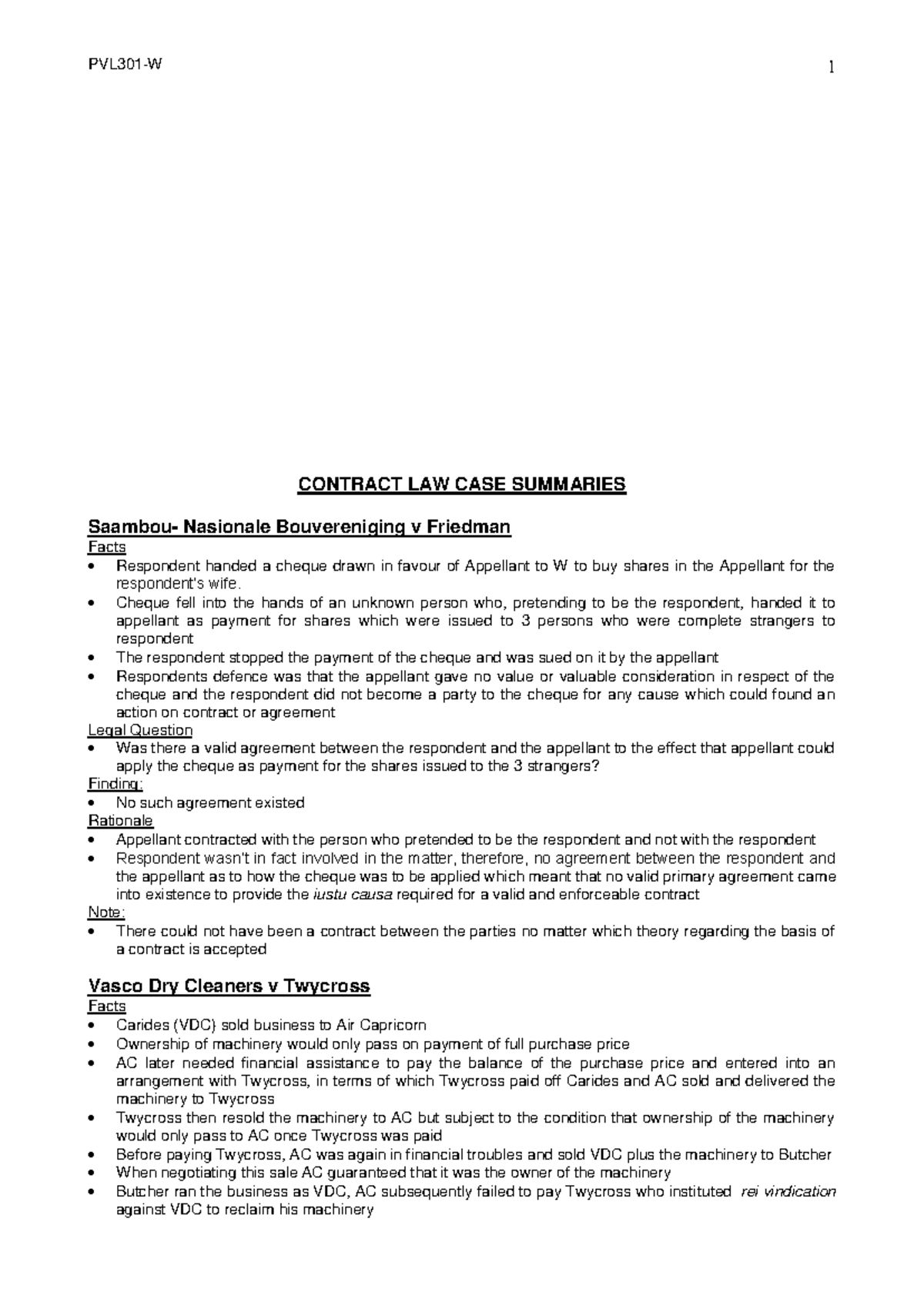 Law Of Contract Case Summaries Contract Law Case Summaries Saambou