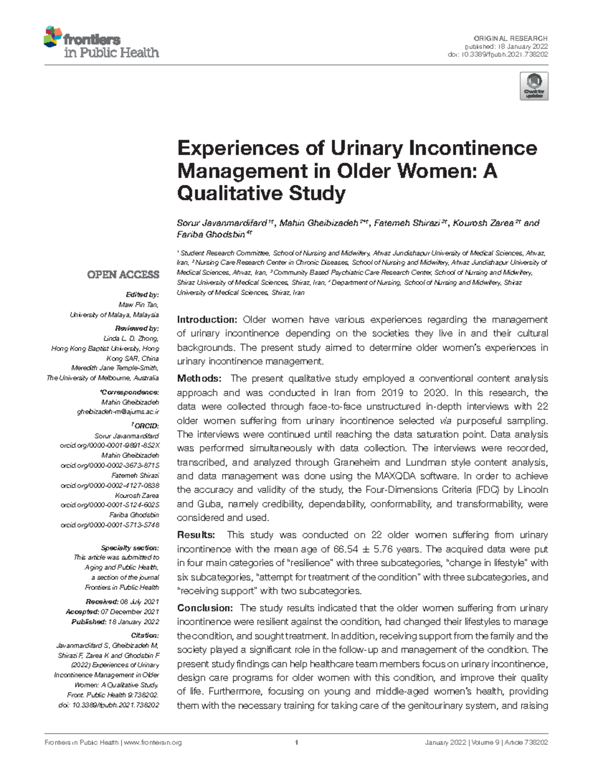 Fpubh-09-738202 - Qualitative Insights on Urinary Incontinence in Older ...