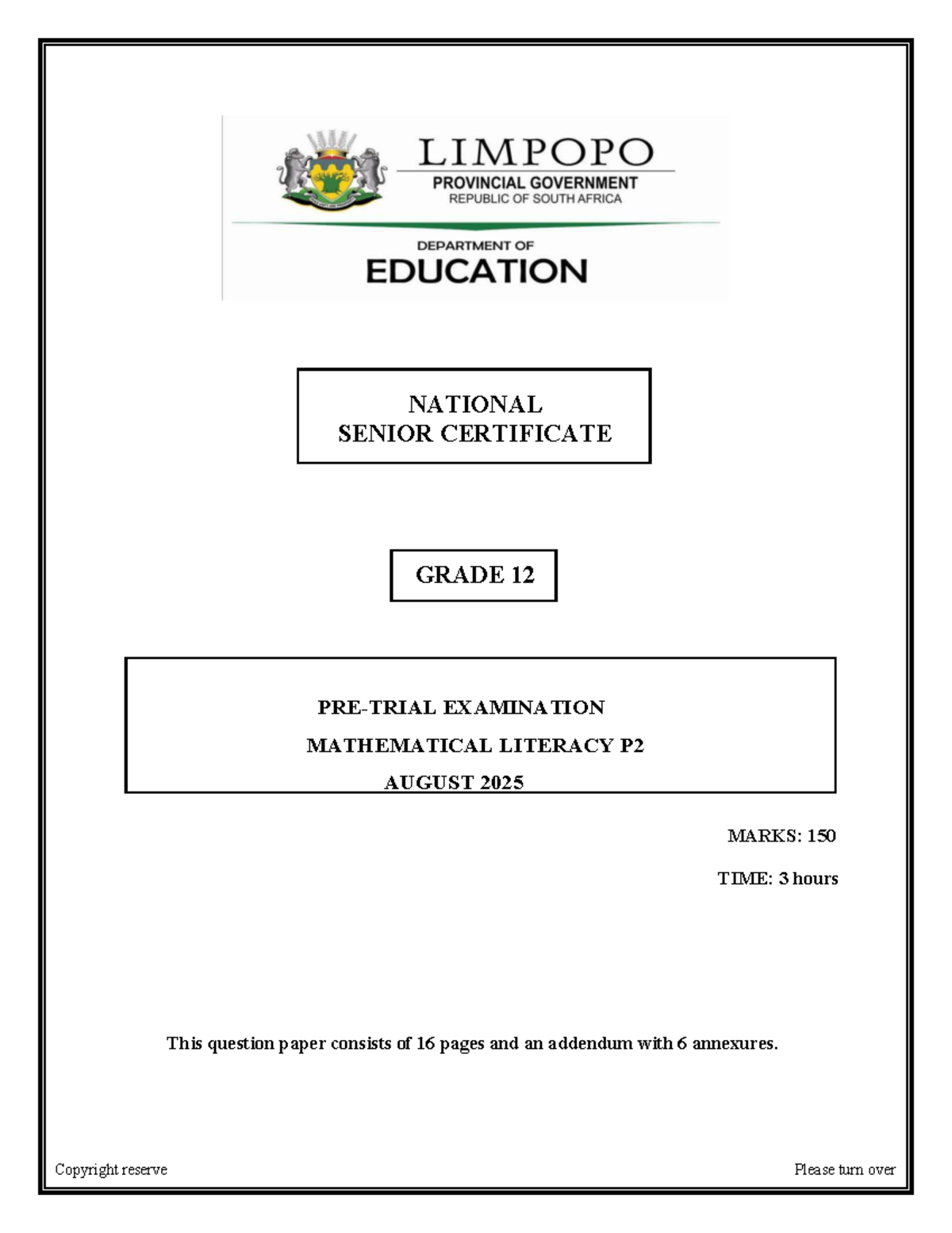 LP - 2025 NSC Grade 12 Mathematical Literacy P2 Exam Paper - Studocu image.