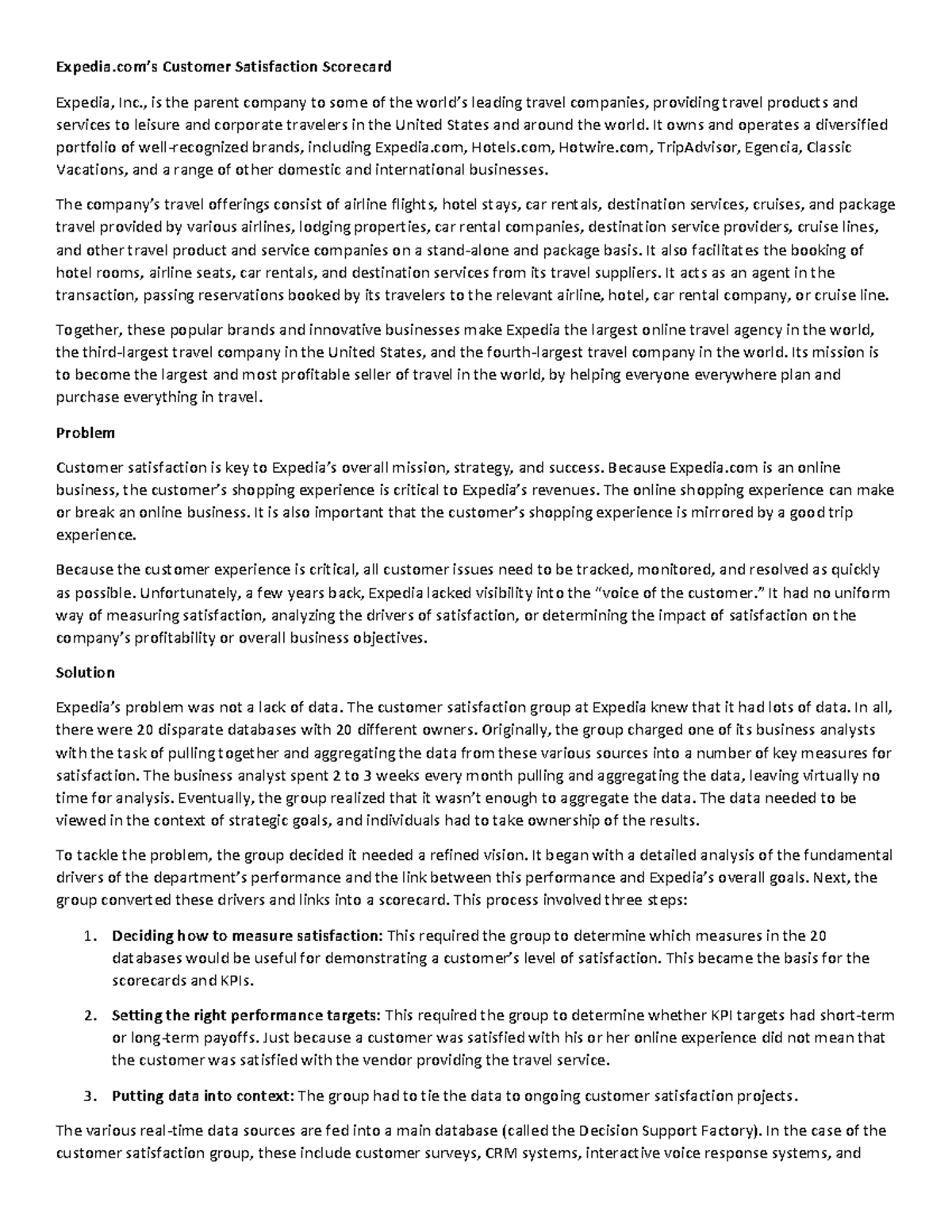 Expedia Case Study: Customer Satisfaction Scorecard Analysis - Studocu