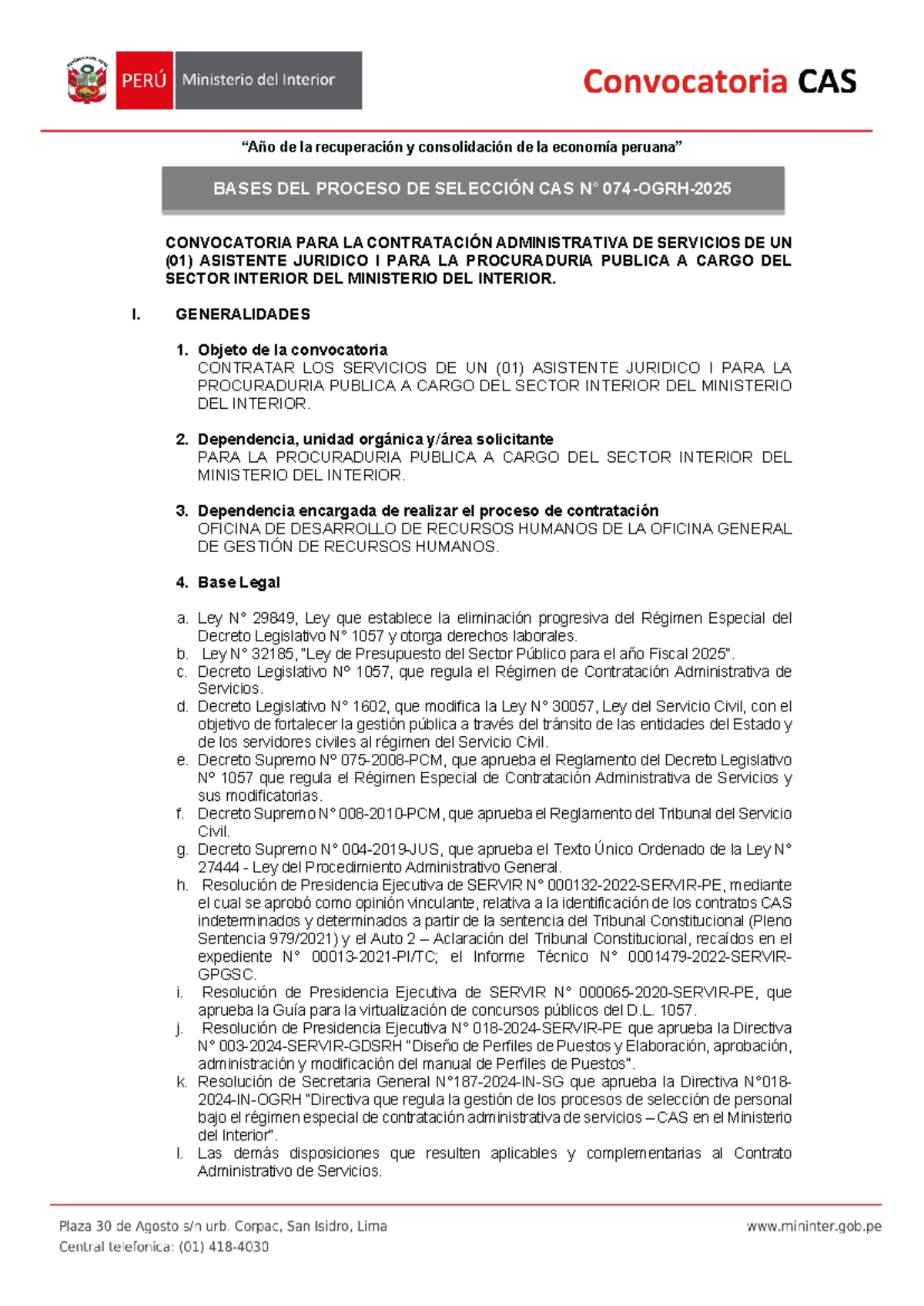 Bases del Proceso de Selección CAS 2025: Asistente Jurídico I - Studocu