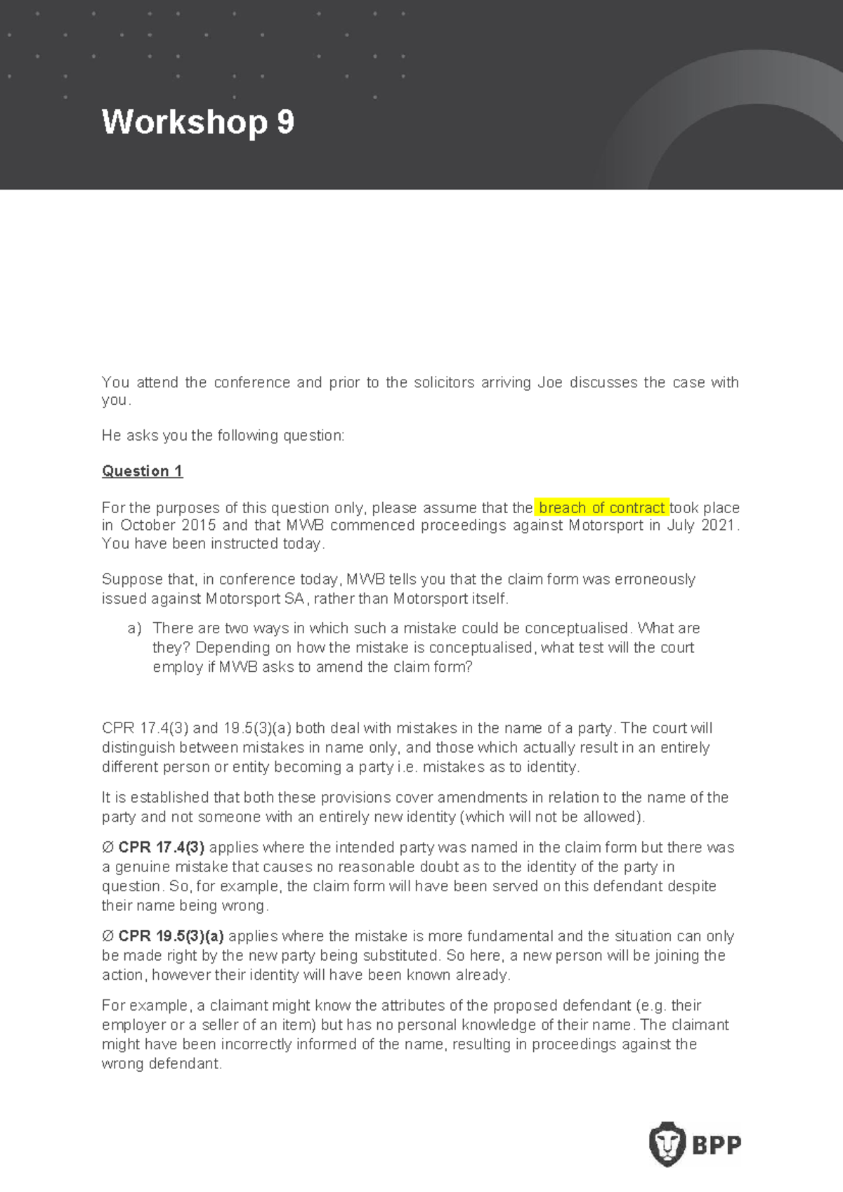 BTC1 Civil W9 Workshop 9: Mistakes in Claim Form Analysis - Studocu
