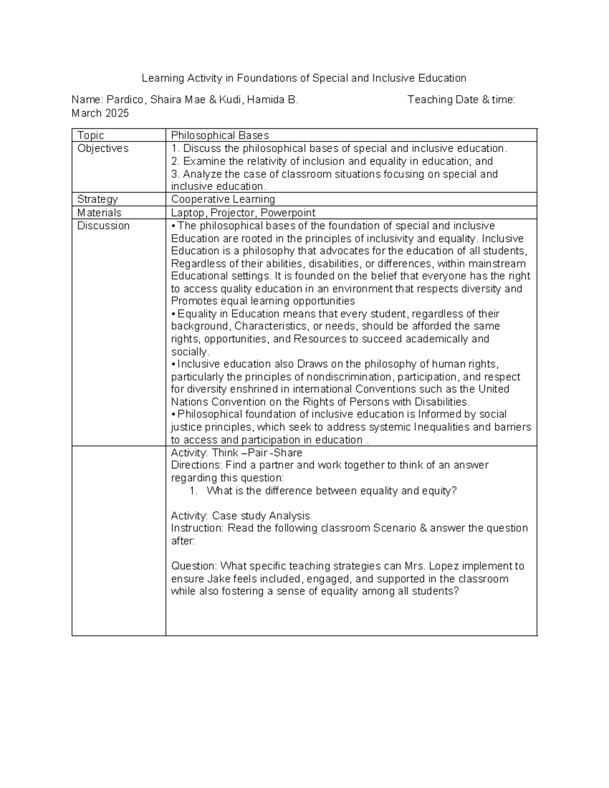 Foundations of Special & Inclusive Ed: Philosophical Learning Activity ...