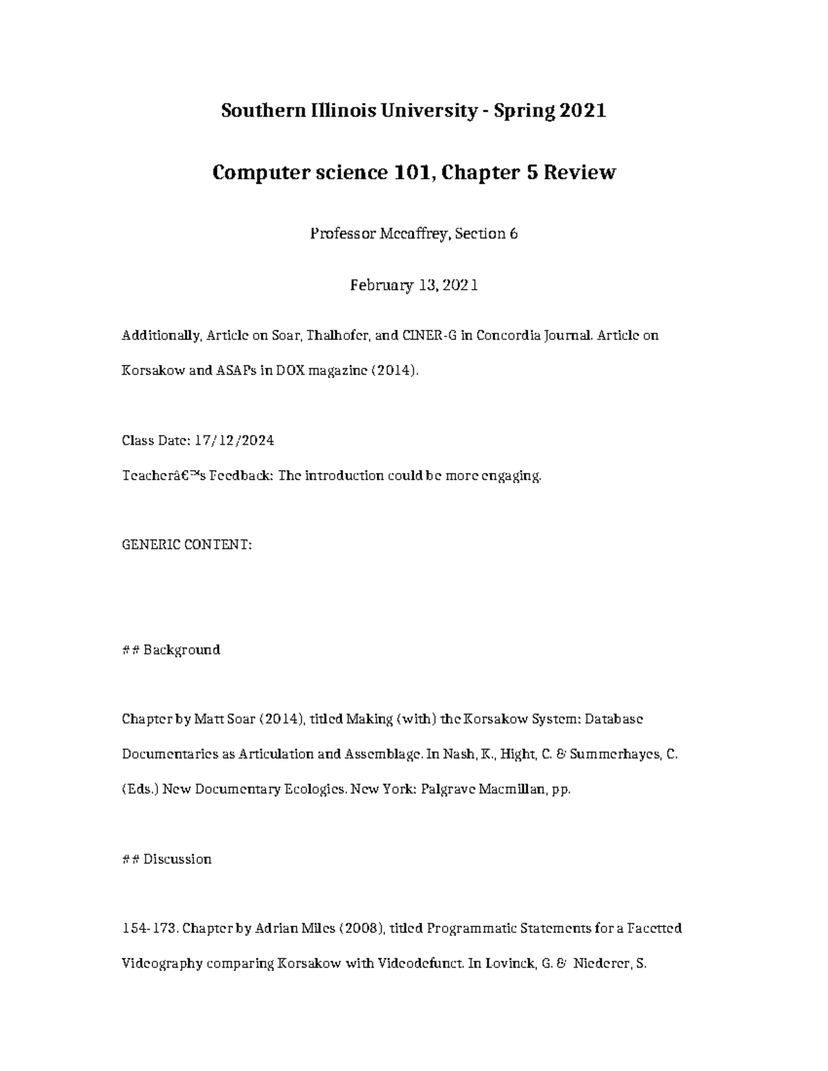 Computer Science 101 Chapter 5 Review - Southern Illinois University ...