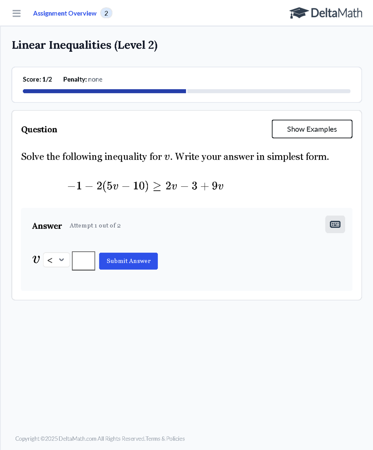 Delta Math Student Application - Linear Inequalities (Level 2) Score: 1 ...