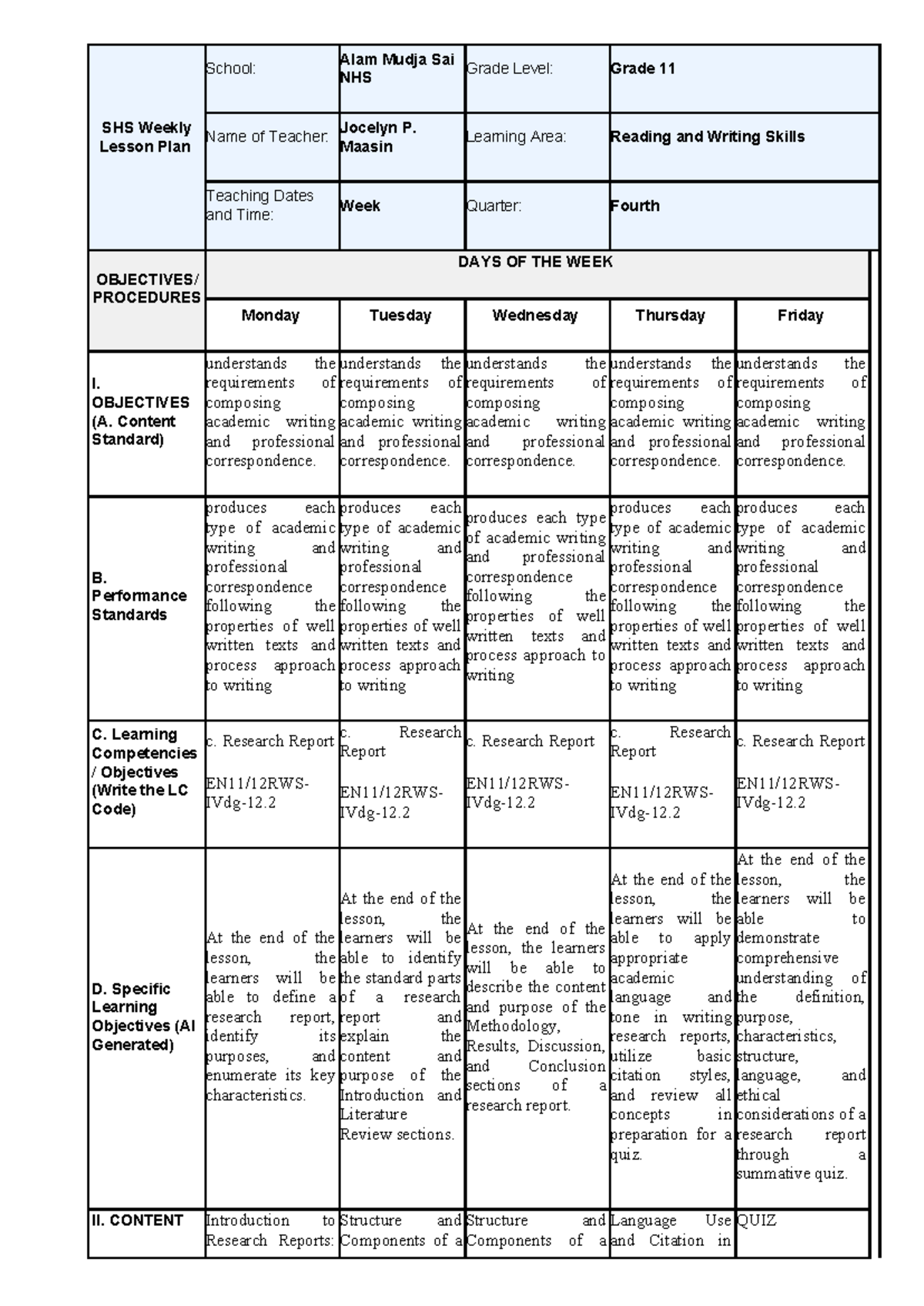 DLL Grade 11 Reading & Writing Skills Lesson Plan (Feb 25, 2026) - Studocu