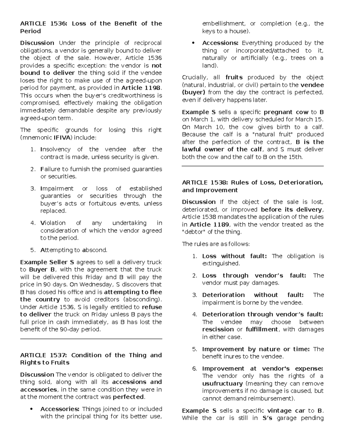 Civil Code Articles 1536-1581: Obligations and Warranties in Sales ...