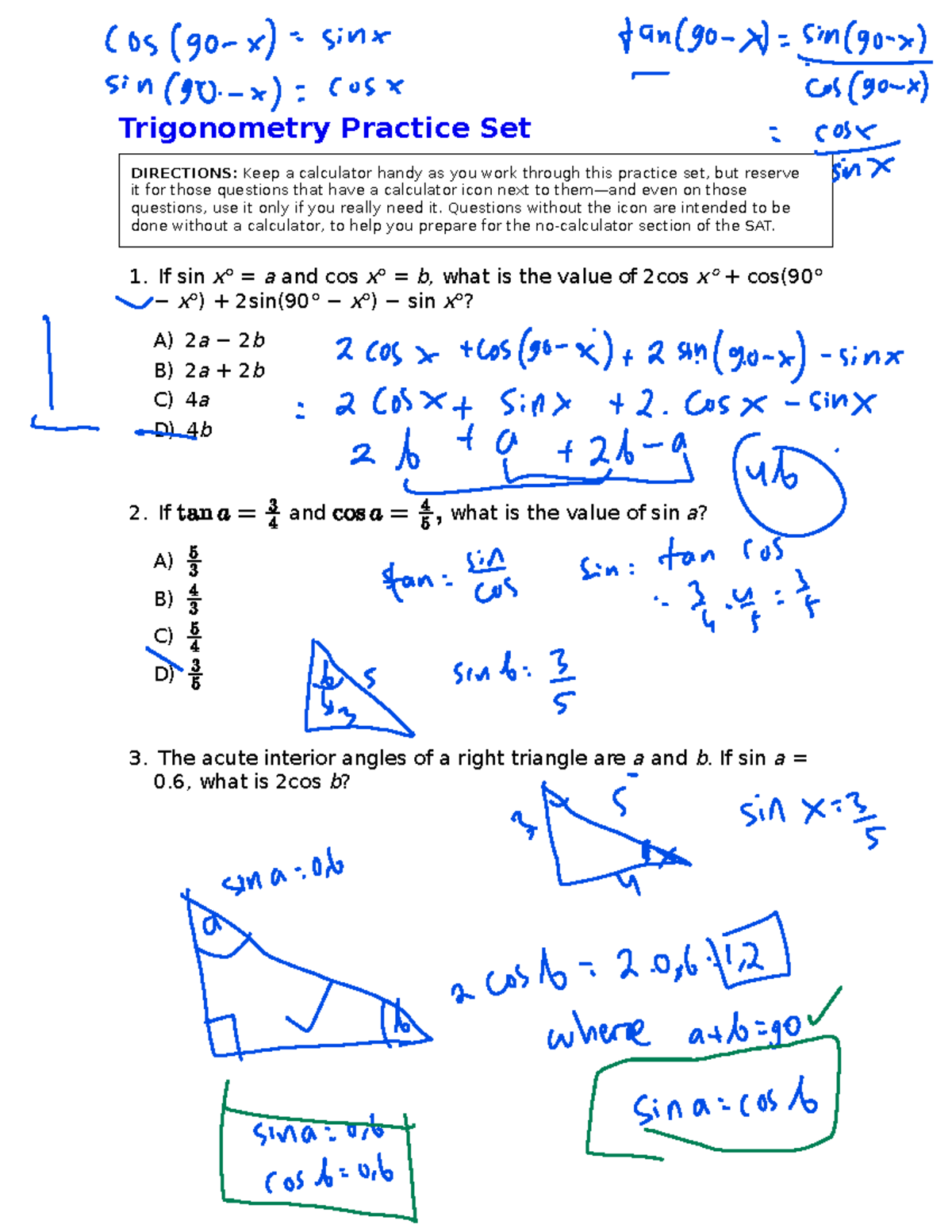 Trigonometry Practice Set for SAT Prep: Questions & Answers - Studocu