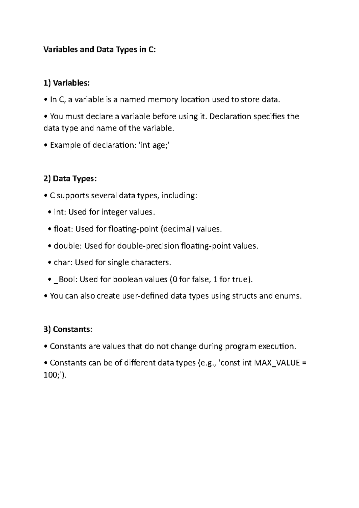 C programing notes - Variables and Data Types in C: Variables: In C, a ...