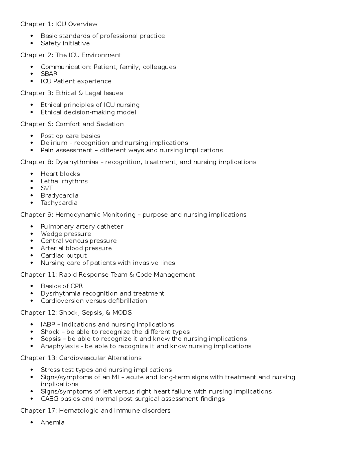 Critical Care Exam 1 Blueprint - Chapter 1: ICU Overview Basic ...