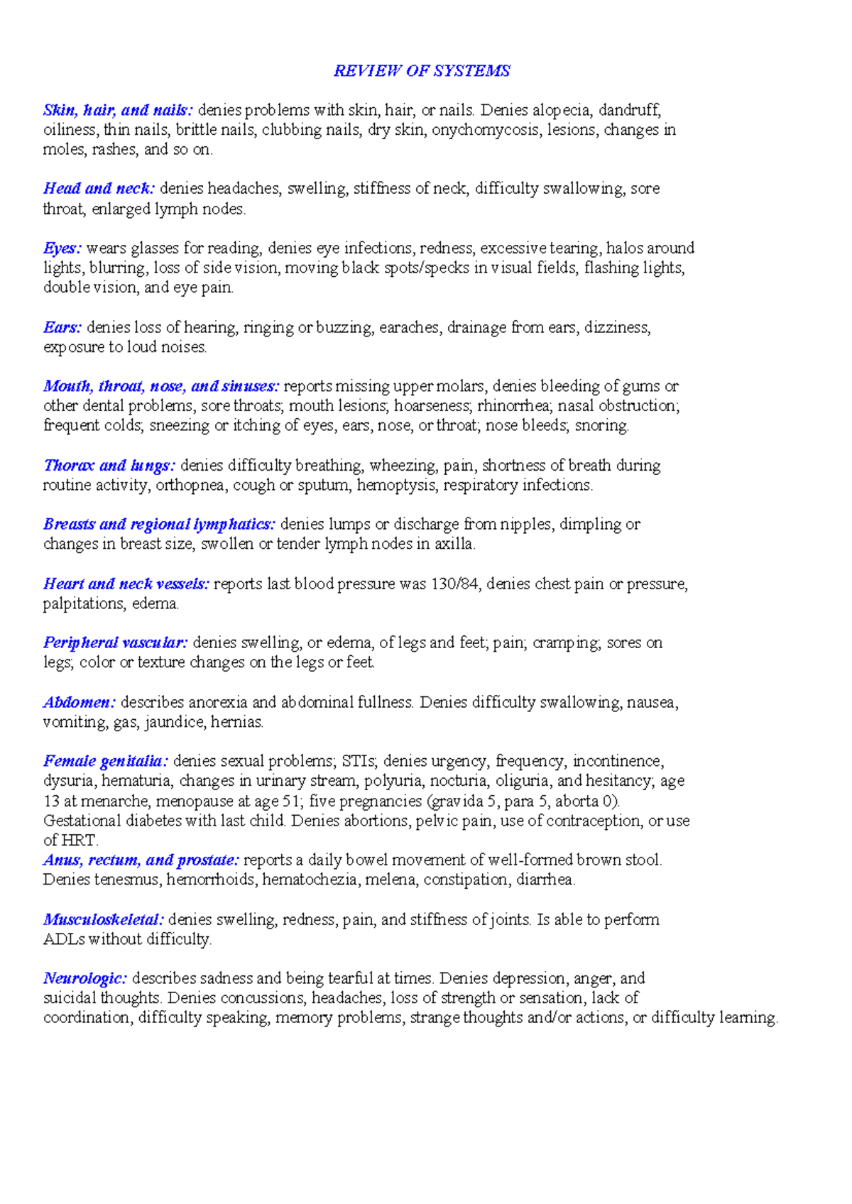 REVIEW OF SYSTEMS: Comprehensive Health Assessment Notes - Studocu